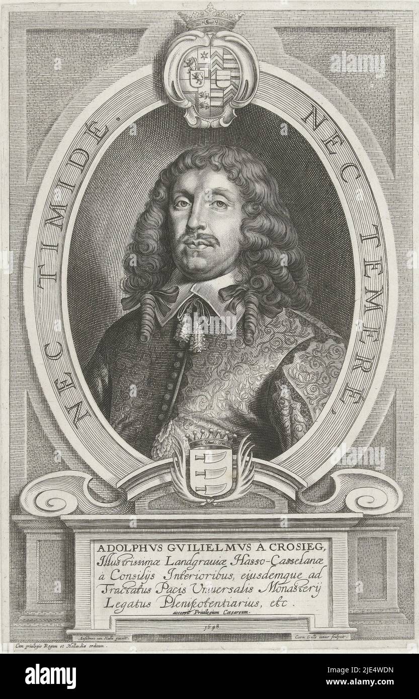 Portrait of Adolf Wilhelm of Krosigk, envoy of Hesse-Cassel during the negotiations for peace in Münster, in oval with edge lettering and weapons, Portrait of Adolf Wilhelm of Krosigk Celeberrimi ad pacificandum Christiani nominis orbem legati Monasterium et Osnabrugas (...) (series title)., print maker: Cornelis Galle (II), (mentioned on object), Anselm van Hulle, (mentioned on object), Ferdinand III (Duits keizer), (mentioned on object), Antwerp, 1648, paper, engraving, h 308 mm × w 200 mm Stock Photo