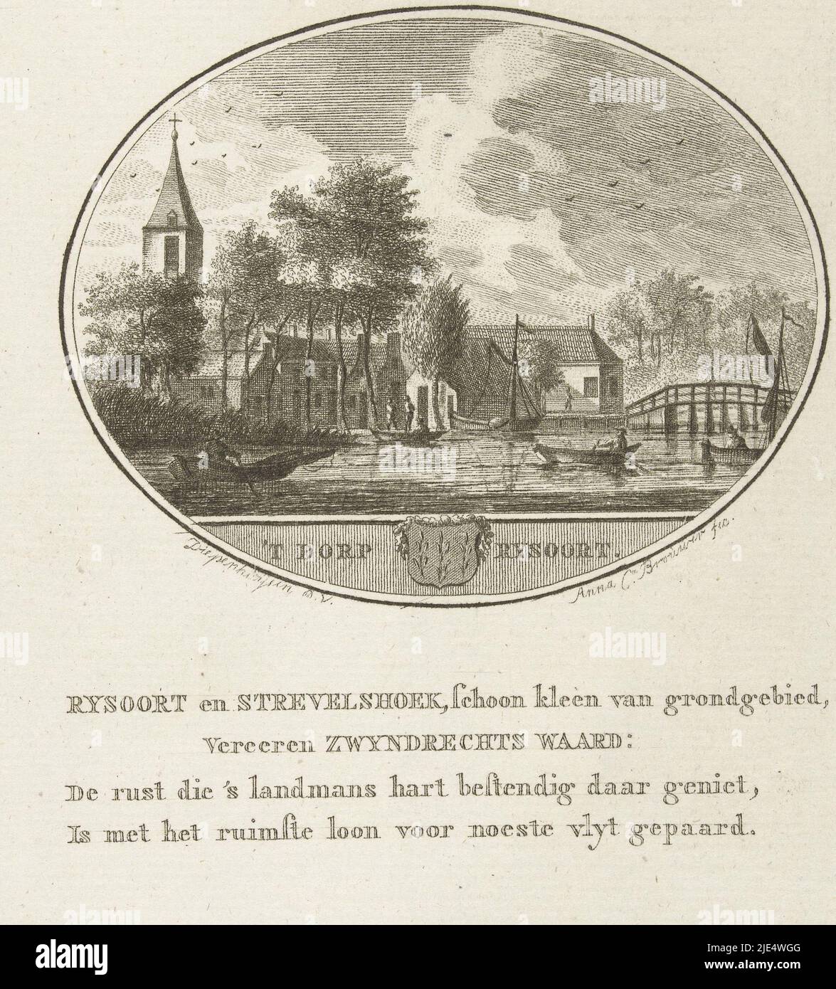 View of the village Rijsoord 't Dorp Rysoort, print maker: Anna Catharina Brouwer, (mentioned on object), intermediary draughtsman: Johannes van Diepenhuijsen, (mentioned on object), Amsterdam, (possibly), 1791 - 1793, paper, etching, h 220 mm × w 140 mm Stock Photo