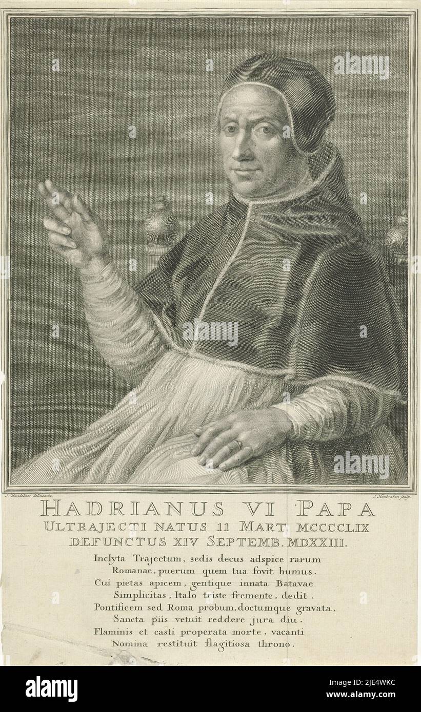 Knee piece of Pope Adrian VI to the left, sitting in a chair. With his right hand he makes a blessing gesture. Below the portrait his name and details in three lines in Latin and below that an eight-line text in Latin, Portrait of Pope Adrian VI Hadrian VI Papa, print maker: Jacob Houbraken, (mentioned on object), intermediary draughtsman: Jan Wandelaar, (mentioned on object), Amsterdam, 1708 - 1780, paper, engraving, h 339 mm × w 213 mm Stock Photo