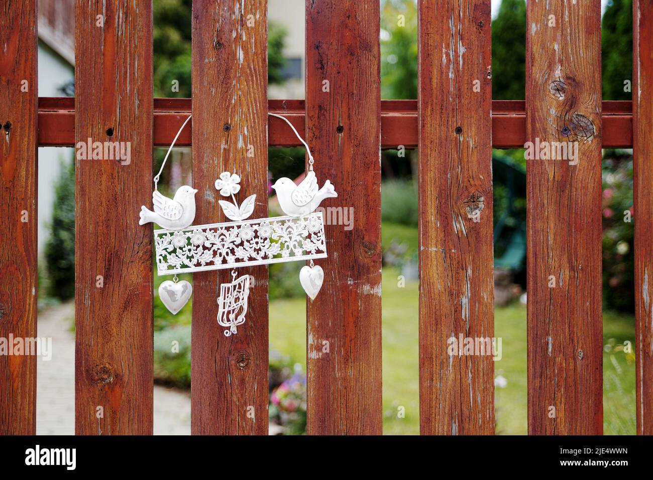 Decoration with birds hanging on shabby wooden fence Stock Photo