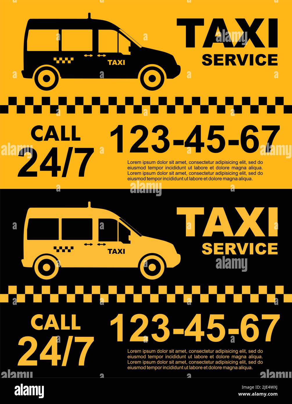 Taxi service design over yellow and black background. Silhouette of car. Vector flat illustration. Banner, poster or flyer. Stock Vector