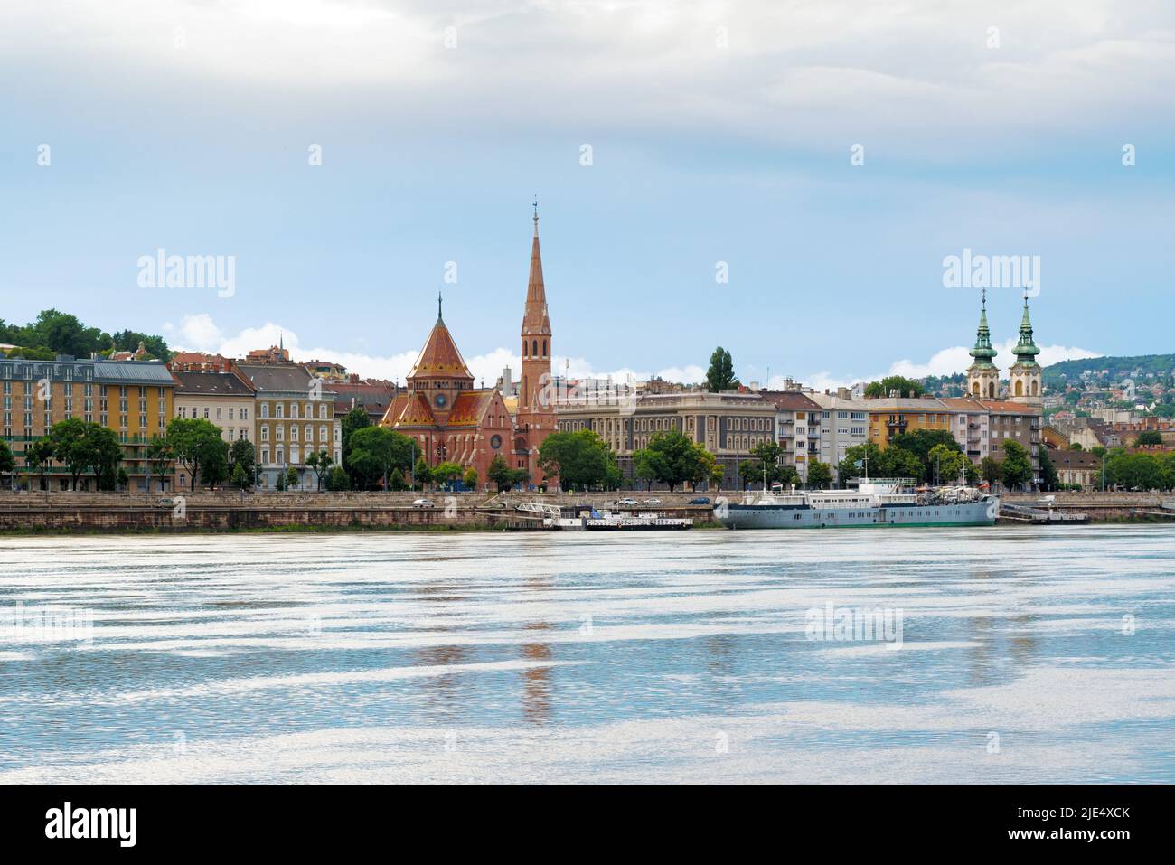Budapest old city. Buda side view across the river featuring Szilágyi Dezső Square Reformed Church Stock Photo