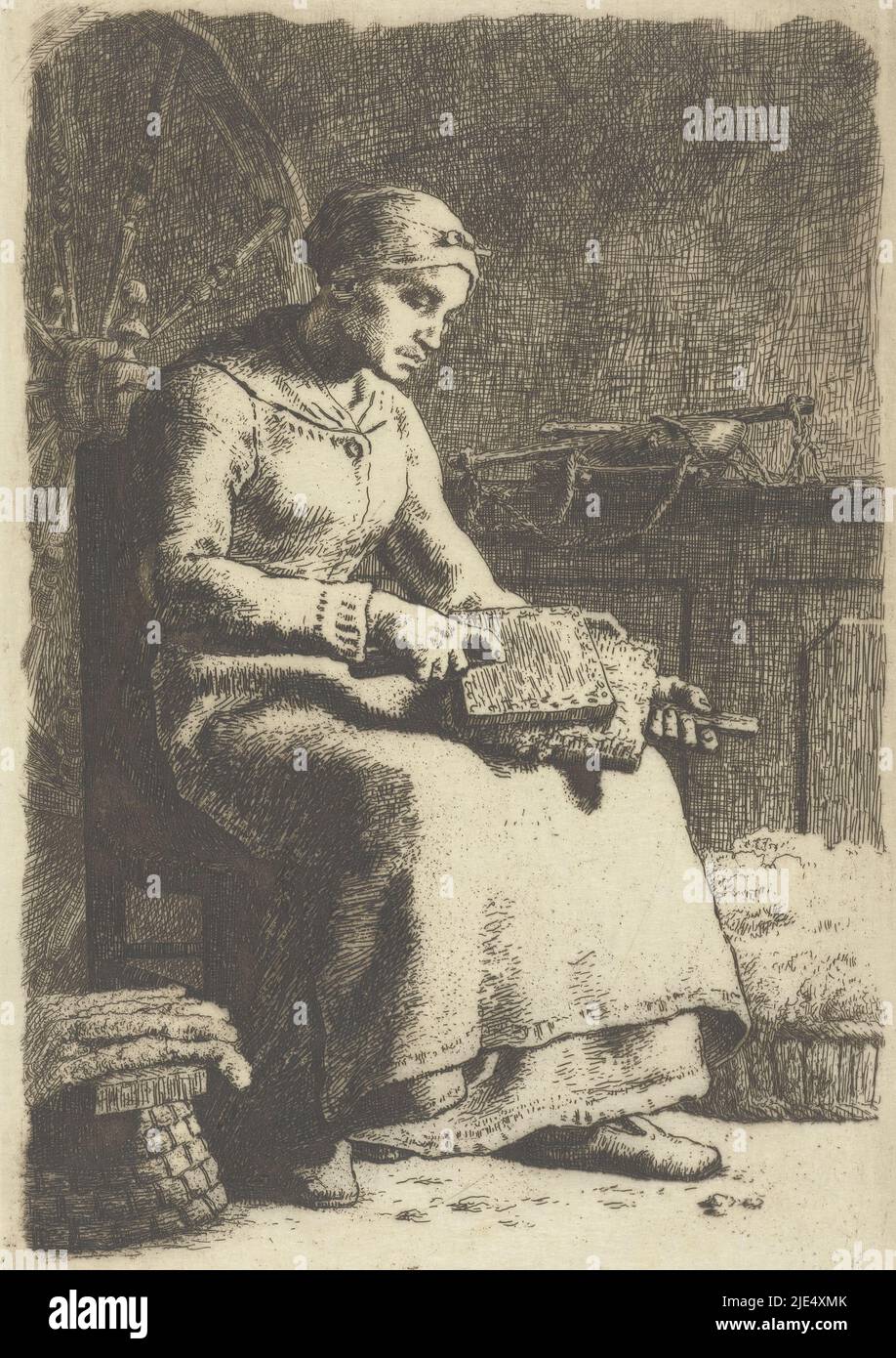 A woman sits on a chair and holds in her hands two cards with which she purifies wool. Next to her are baskets of wool. Probably behind the woman is a spinning wheel, Woman sits on a chair and cards wool La cardeuse, print maker: Jean François Millet, Jean François Millet, 1855 - 1857, paper, etching, h 258 mm × w 177 mm Stock Photo