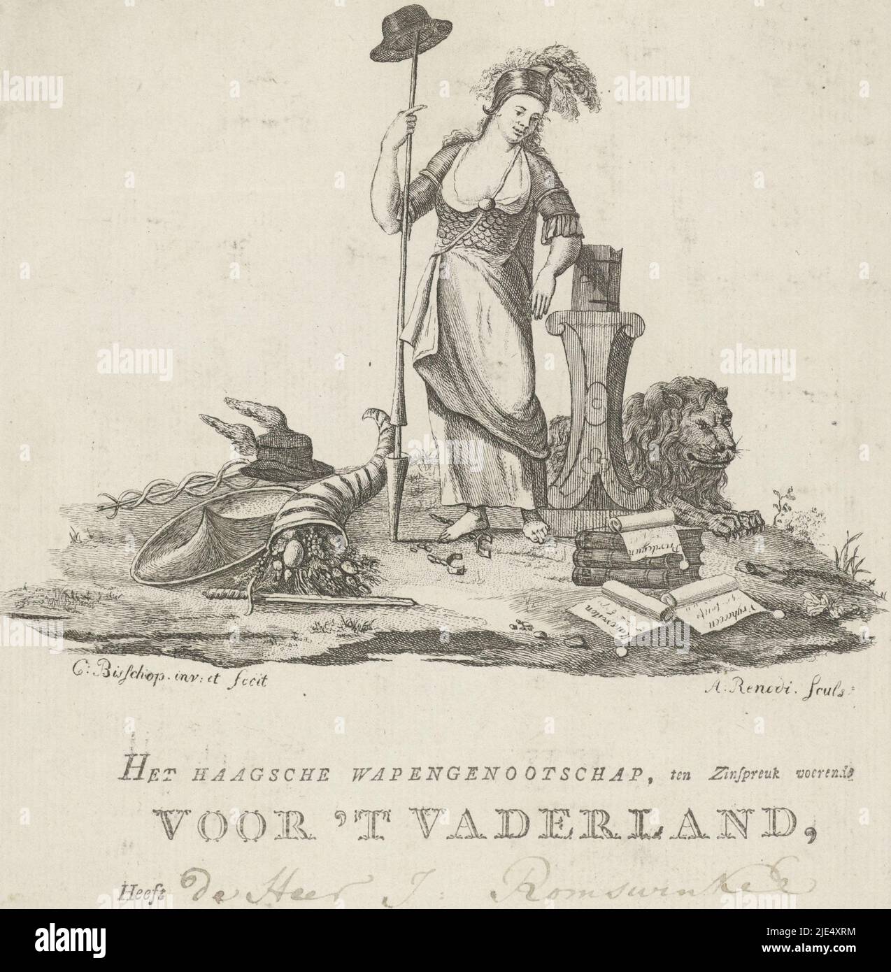 Above the text a picture of the personification of Freedom, holding the freedom lance with the freedom hat. Behind her lies the Dutch lion and in front of her is a pile of books on which 'straight' stands. On the left a sword, the horn of plenty and the mercurial staff and hat, Diploma of the 'Hague Armaments Society for the Fatherland'., print maker: Abraham Renodi, (mentioned on object), Cornelis Bisschop (1762-1829), (mentioned on object), Northern Netherlands, in or before 1787, paper, etching, letterpress printing, pen, h 267 mm × w 173 mm Stock Photo