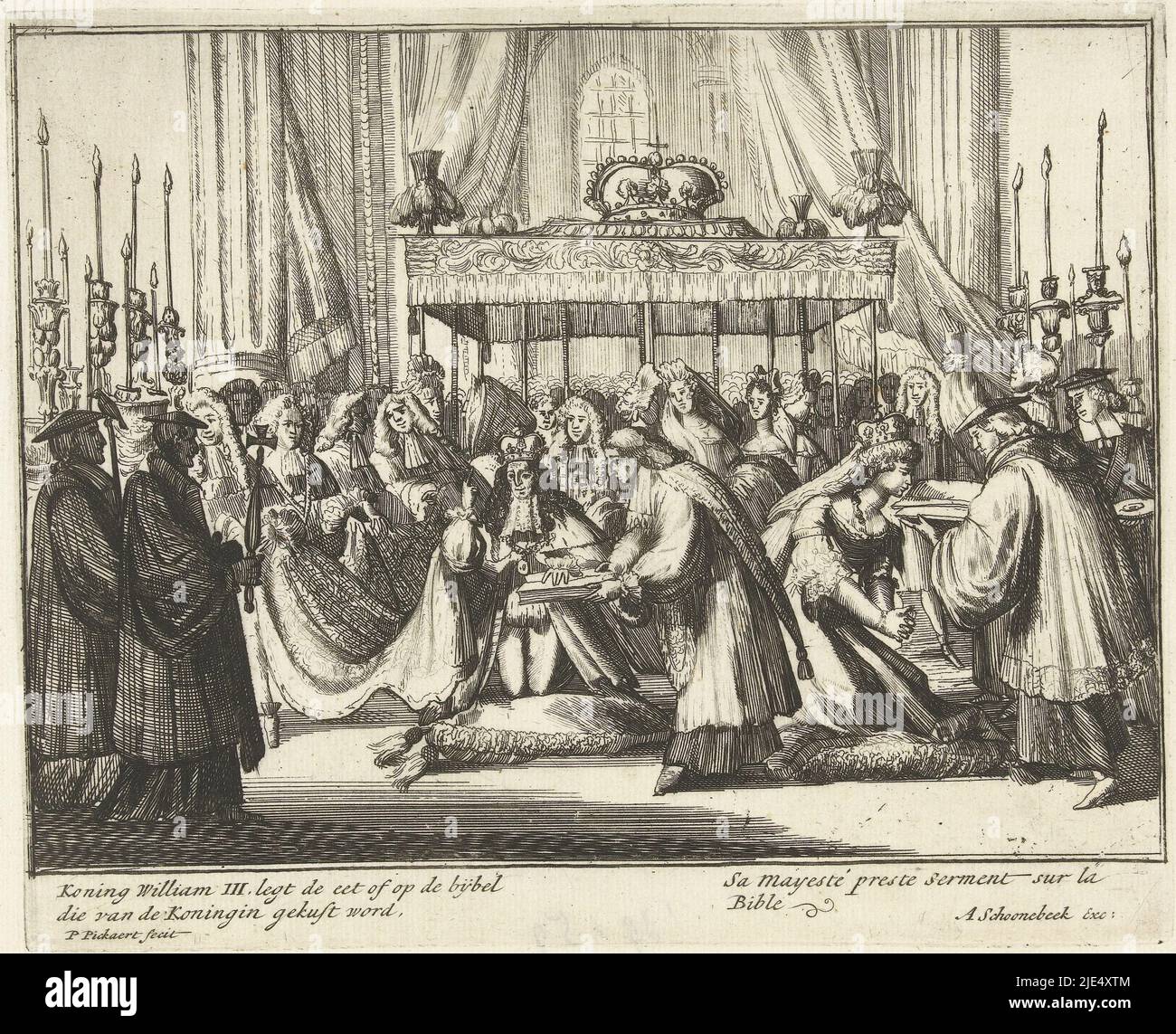 During the coronation ceremony, William III takes the oath on the Bible, Mary kisses the Bible, April 21, 1689. Part of the series 'Engelants schouwtoneel' on the Glorious Revolution 1688-1689 (second part). With captions in Dutch and French, William III takes the oath during the coronation, 1689 King William III takes the oath on the bible that is kissed from the Queen, Englishman's spectacle depicts the Glorious surpassed with the crowning of William III and Mary II to King and Queen of Great Brittany and Vrankryk and Yrlant, etc. II Part. (series title on object), print maker: Pieter Stock Photo
