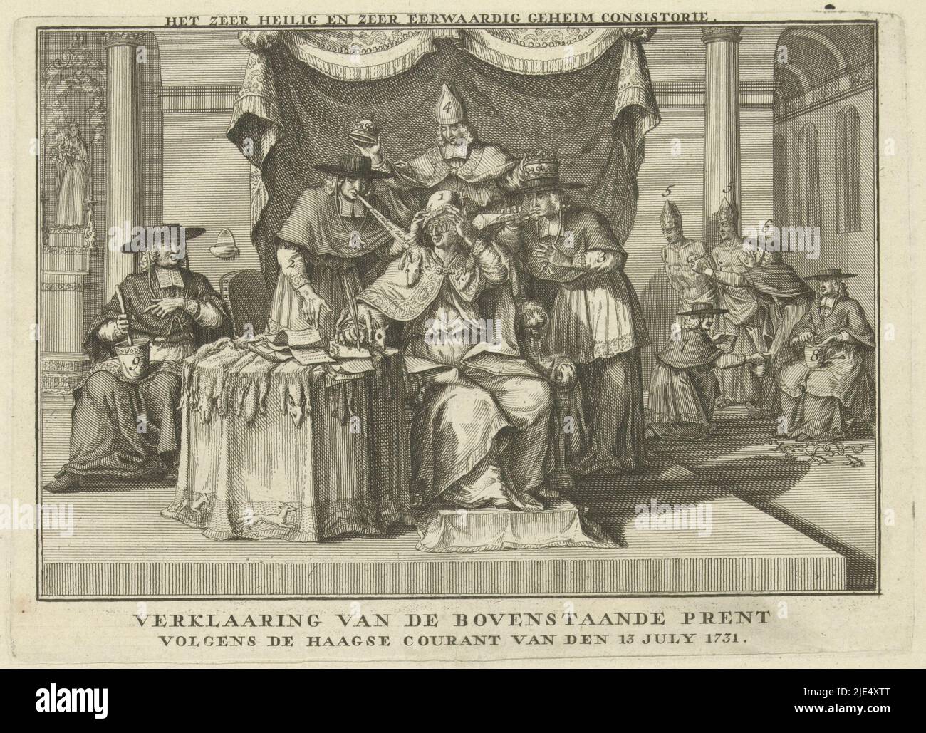 Cartoon on the Pope and Cardinals, in connection with the resistance to the occupation of Parma by Austria, after the death of the Duke of Parma, June 1731. The visually impaired Pope (with three glasses) wants to sign a document but is blown sand in the eyes by cardinals. On the sheet under the plate the explanation of the figures 1-9 in Dutch, according to the Haagse Courant of 13 July 1731., Cartoon on the Pope and Cardinals, 1731 The very sacred and very venerable secret consistory, print maker: anonymous, publisher: Johannes de Ruyter, (mentioned on object), print maker: Jan Ruyter, ( Stock Photo