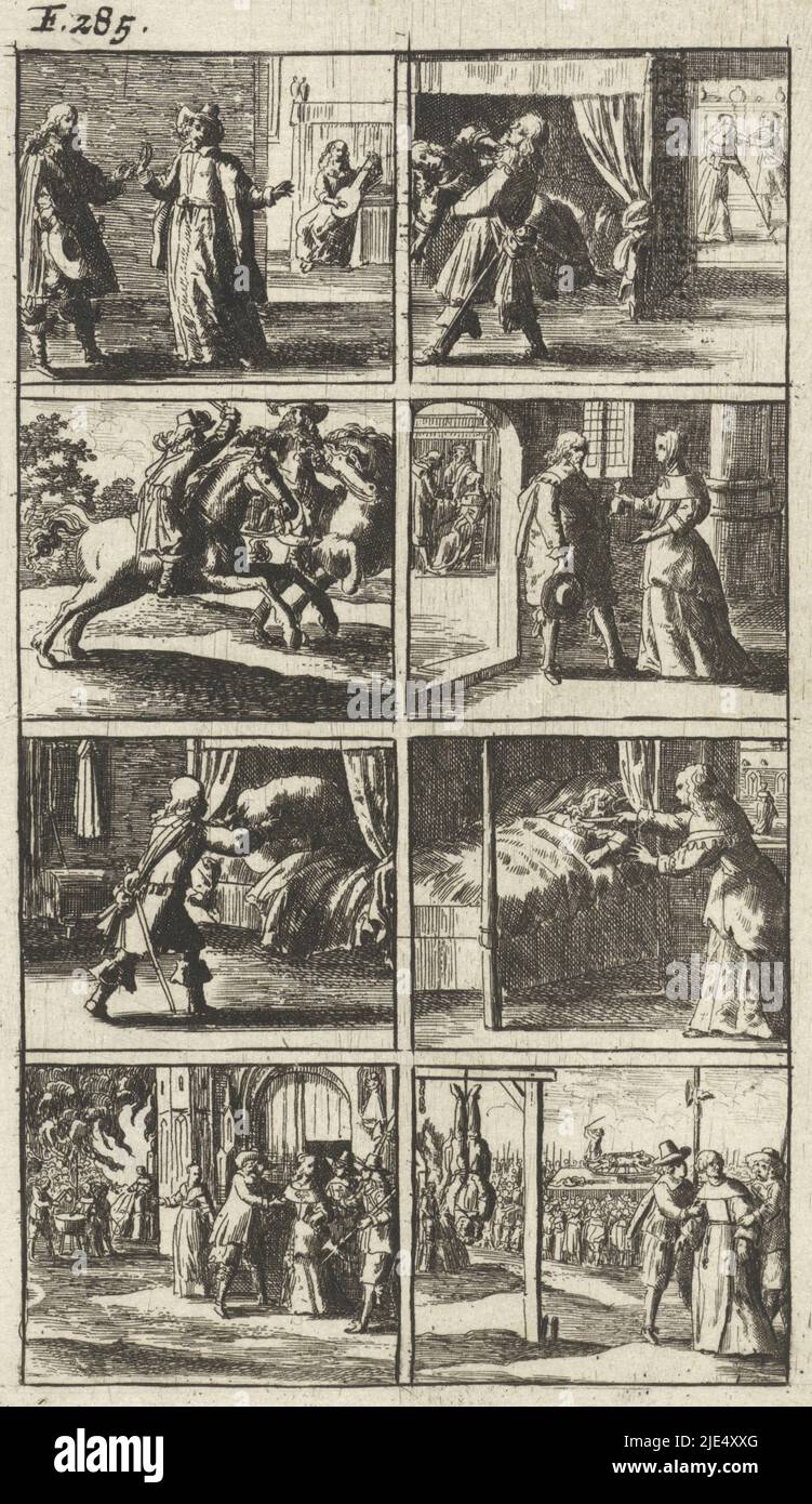 Story in eight scenes with some scenes of murder and death penalty. Including three murders in a bedroom. At the bottom right a man hangs upside down on a gallows and in the distance a person is raped. Top left: F. 285., Story with scenes of murder and death penalty., print maker: Abraham Dircksz. Santvoort, publisher: Gerrit van Goedesberg, print maker: Netherlands, publisher: Amsterdam, 1667, paper, etching, h 155 mm × w 95 mm Stock Photo