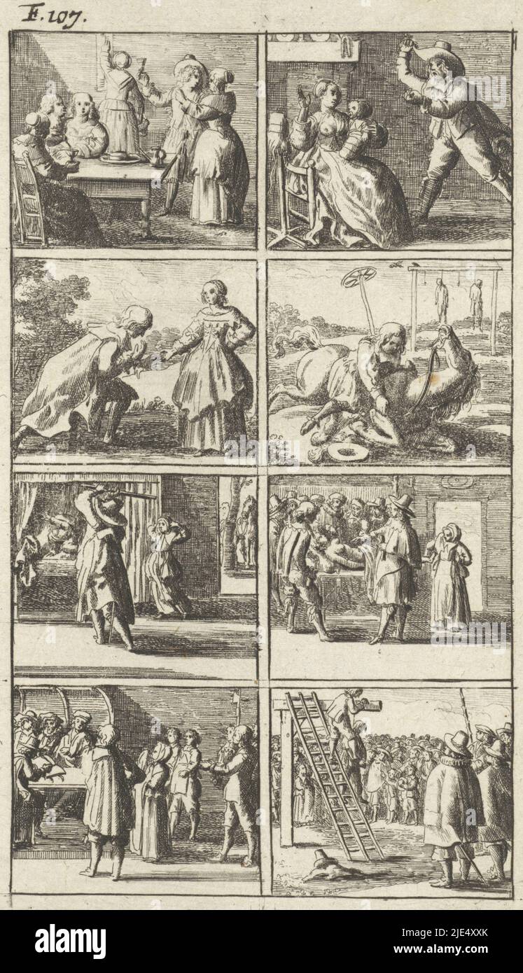 Story in eight scenes with some scenes of murder and death penalty. Among others of a man falling off a horse, some people on a gallows and of a man murdering a woman in her bed. Top left: F. 107., Story with scenes of murder and death penalty., print maker: Abraham Dircksz. Santvoort, publisher: Gerrit van Goedesberg, print maker: Netherlands, publisher: Amsterdam, 1667, paper, etching, h 155 mm × w 94 mm Stock Photo