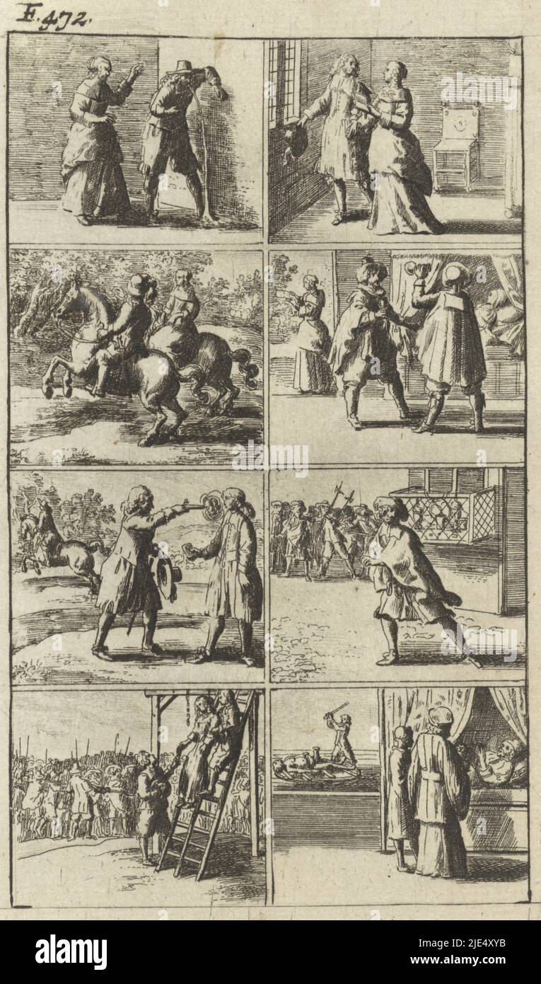 Story in eight scenes with some scenes of murder and death penalty. Including a man being shot, a woman on a gallows and a person being raped. Top left: F. 472., Story with scenes of murder and death penalty., print maker: Abraham Dircksz. Santvoort, publisher: Gerrit van Goedesberg, print maker: Netherlands, publisher: Amsterdam, 1667, paper, etching, h 155 mm × w 94 mm Stock Photo