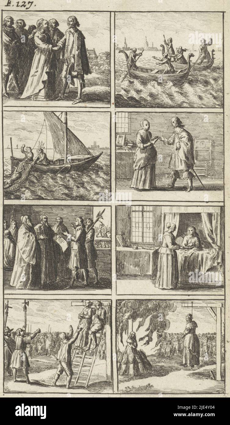 Story in eight scenes with some scenes of murder and death penalty. Among others of a man being thrown overboard, some people on a gallows and of a woman on a pyre. Top left: F. 127., Story with scenes of murder and death penalty., print maker: Abraham Dircksz. Santvoort, publisher: Gerrit van Goedesberg, print maker: Netherlands, publisher: Amsterdam, 1667, paper, etching, h 155 mm × w 94 mm Stock Photo