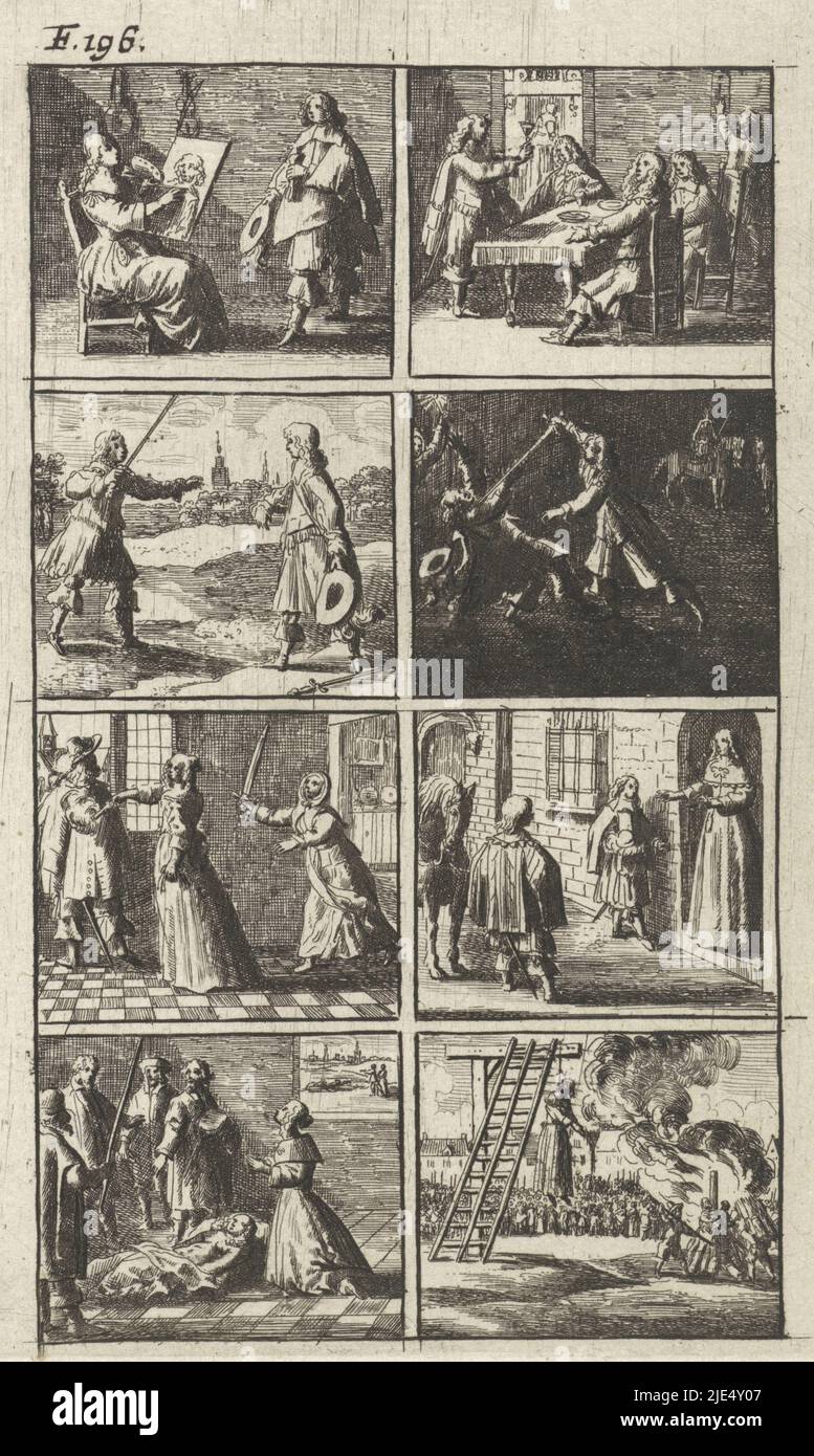 Story in eight scenes with some scenes of murder and death penalty. Among others of a man being stabbed in the dark, a woman on a gallows and some people on a pyre. Top left: F. 196., Story with scenes of murder and death penalty., print maker: Abraham Dircksz. Santvoort, publisher: Gerrit van Goedesberg, print maker: Netherlands, publisher: Amsterdam, 1667, paper, etching, h 155 mm × w 95 mm Stock Photo