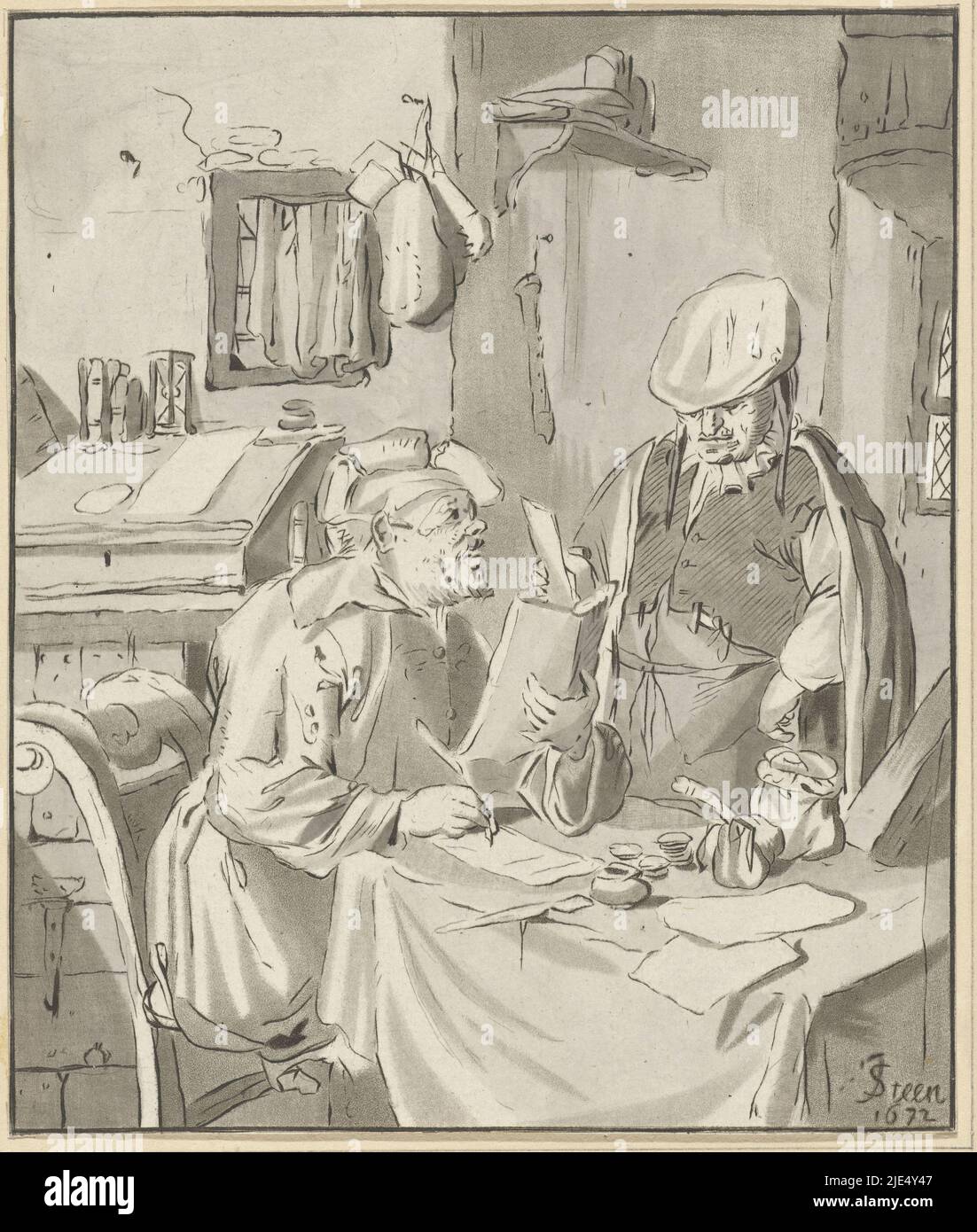 A man sitting at a table writes a letter. Next to him is a man holding a letter, Writer of a letter Recipient, Cornelis Ploos van Amstel, print maker: Bernhard Schreuder, intermediary draughtsman: Jan Havicksz. Steen, (mentioned on object), Amsterdam, 1777 - 1786, paper, etching, h 156 mm × w 132 mm Stock Photo