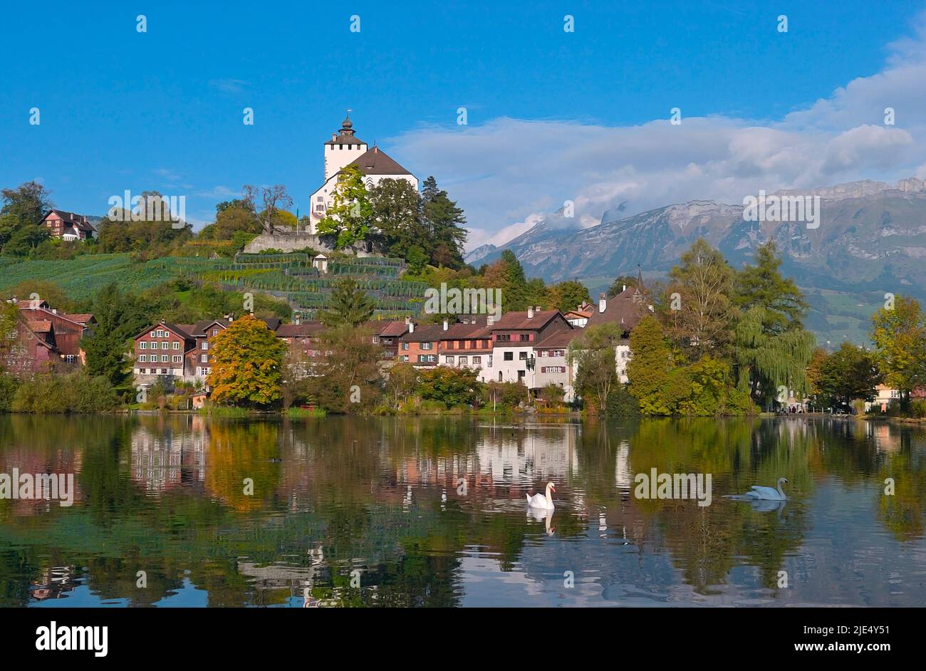 Scenic Lake and Castle Werdenberg in fall, Grabs Rheintal CH Stock Photo