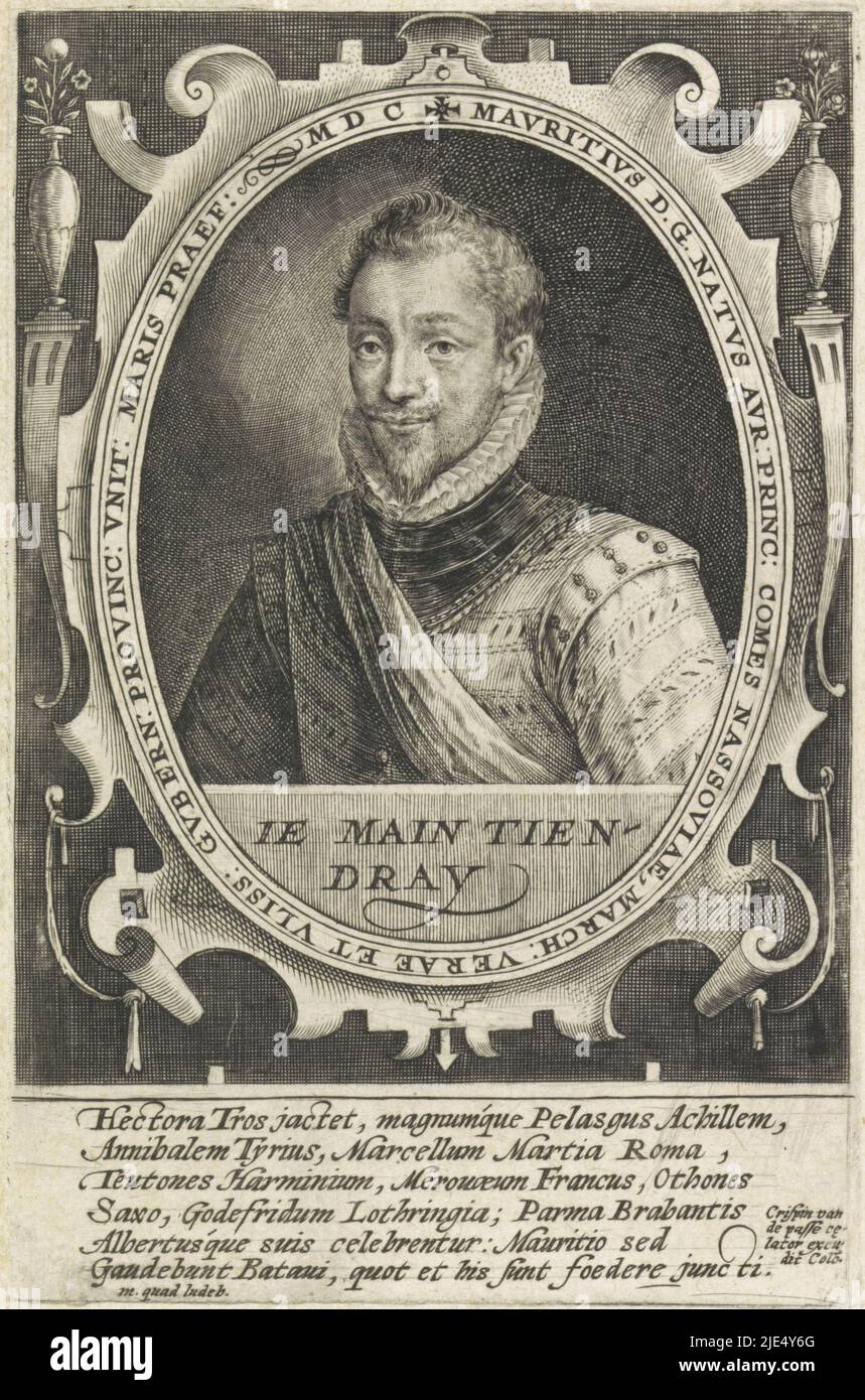 Portrait of Maurice in an ornamented oval with edge lettering and a balustrade with his motto. In the lower margin six lines of Latin text, Portrait of Maurice, Prince of Orange., print maker: Crispijn van de Passe (I), publisher: Crispijn van de Passe (I), (mentioned on object), Cologne, (possibly), 1600, paper, engraving, h 145 mm × w 96 mm Stock Photo