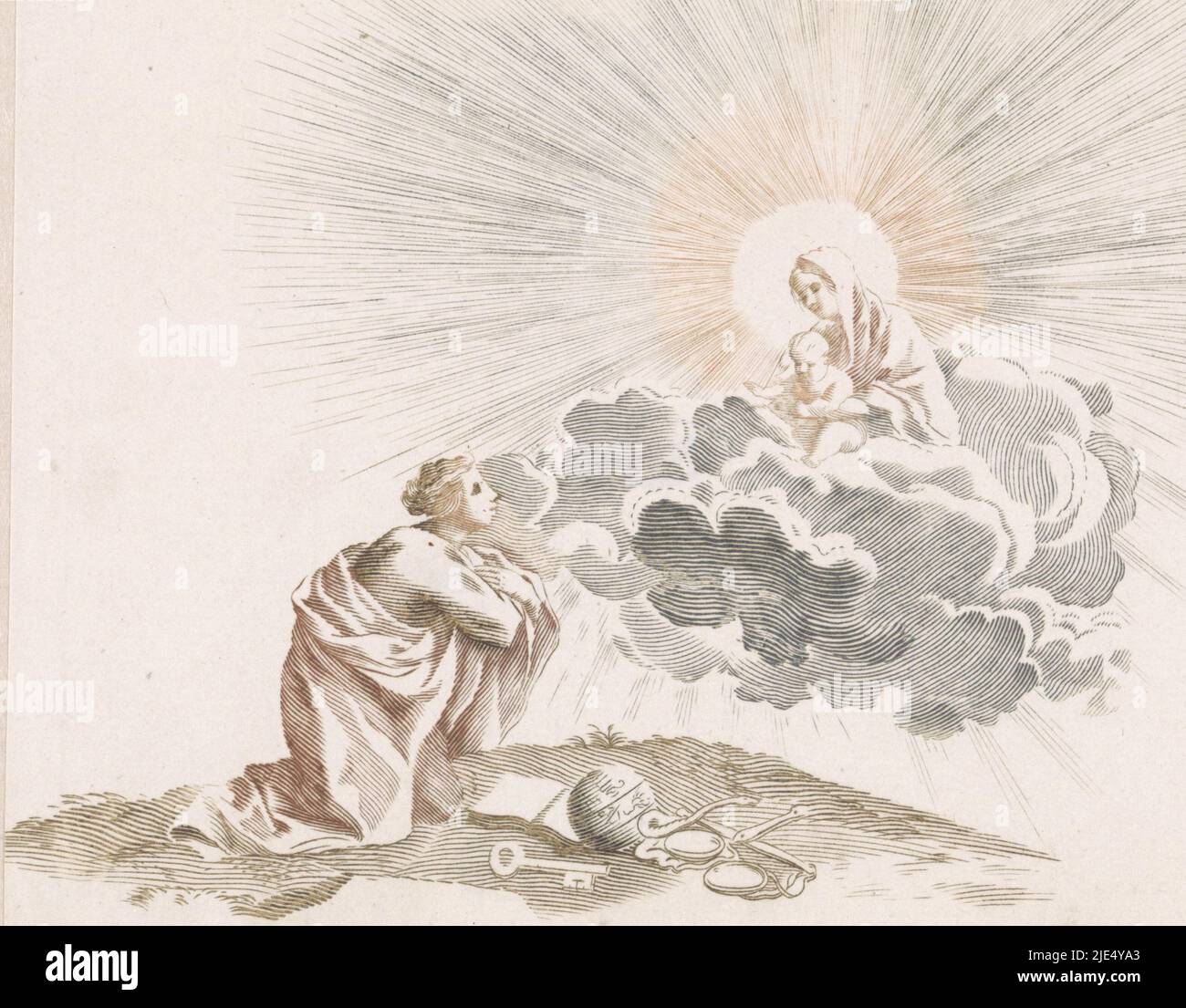 A woman kneels and prays to Mary, who appears on the clouds with Christ child. At the feet of the praying woman lie a book, a heavenly globe, the serpent of caution, the scales of justice and a key., A woman prays to Mary with Christ child., print maker: anonymous, Johan Teyler, Netherlands, 1688 - 1698, paper, engraving, h 129 mm × w 157 mm Stock Photo