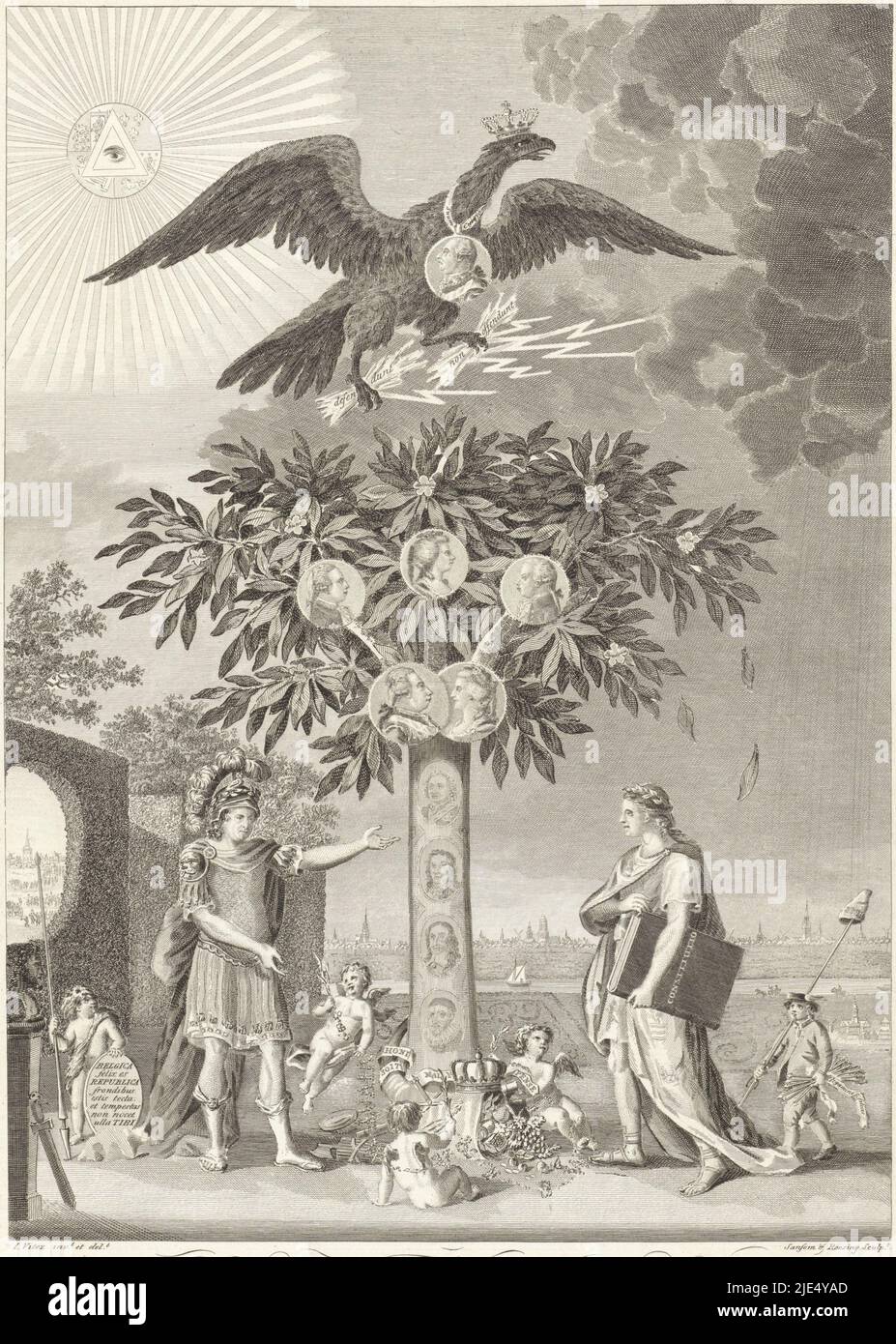 In the middle the Tree of Orange containing medallions with the portraits of the stadholder, his wife and children and (on the trunk) those of his ancestors William I through IV. On the flowers are Latin words. The tree is protected by the Prussian eagle. Top left the All Seeing Eye. On the left is the Duke of Brunswick-Wolfenbüttel in the guise of Mars. On his left is a putto with a shield like Hercules and on the right a putto with a garland of flowers, forming a Latin text and some initials. Below him fasces. Two other putti near the tree. On the right, Count Bentinck as the Republic with Stock Photo