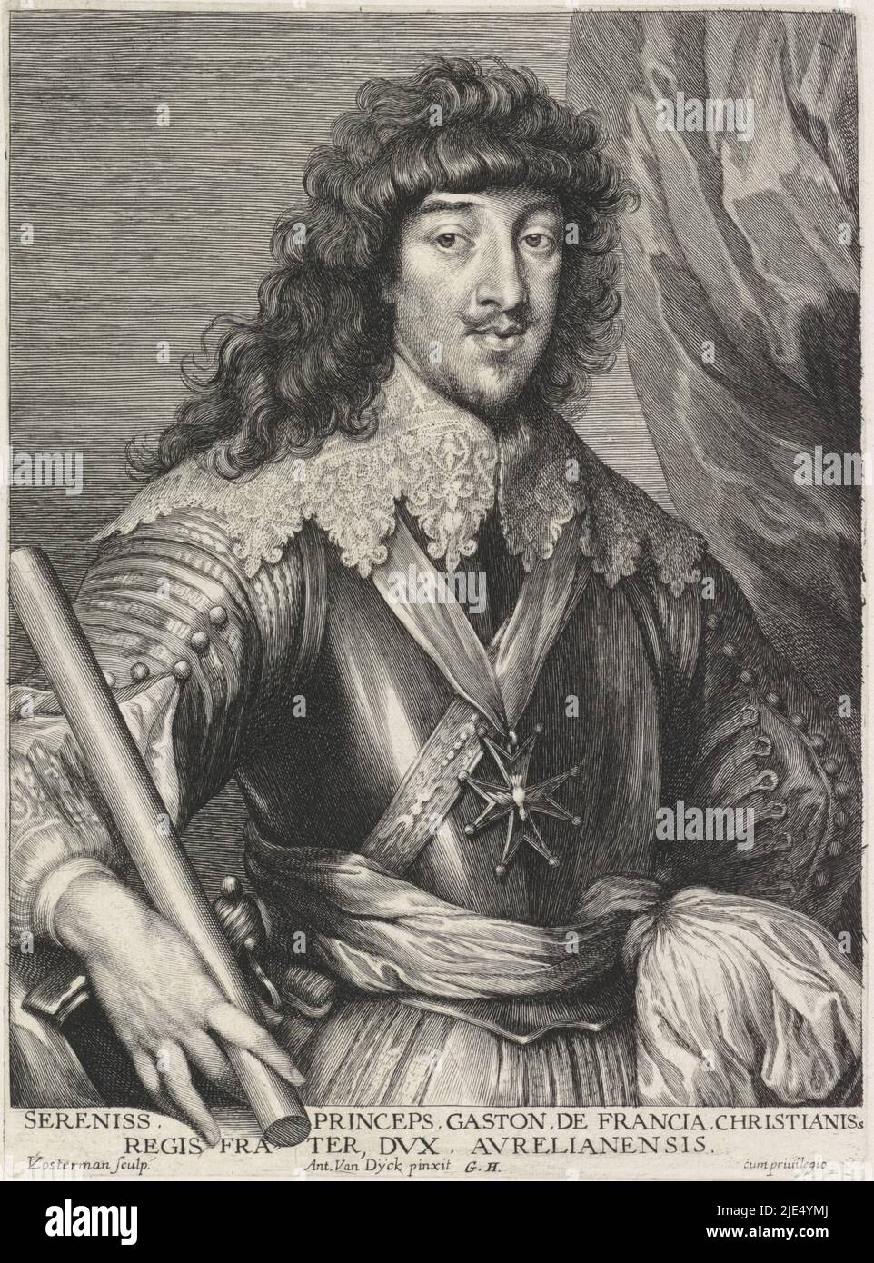 Portrait of Gaston Jean-Baptiste of France, Duke of Orleans Iconography (series title), print maker: Lucas Vorsterman (I), (mentioned on object), after: Anthony van Dyck, (mentioned on object), publisher: Gilles Hendricx, (mentioned on object), Antwerp, 1645 - 1646, paper, engraving, h 231 mm × w 170 mm Stock Photo