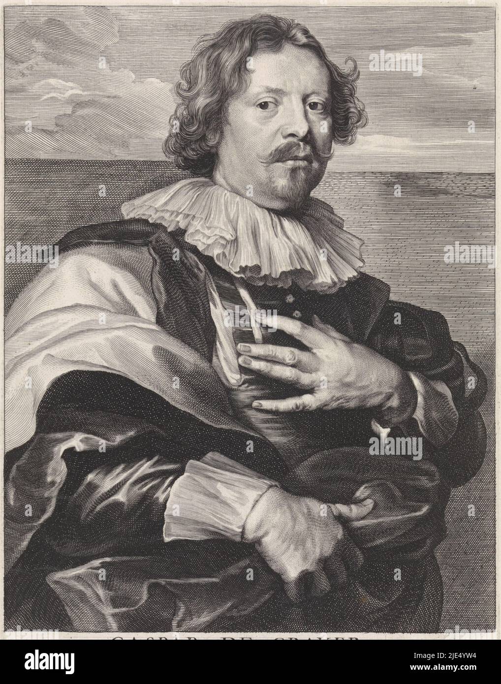 Portrait of the painter Gaspar de Crayer, print maker: Paulus Pontius, (mentioned on object), after: Anthony van Dyck, (mentioned on object), unknown, (mentioned on object), Antwerp, 1616 - 1657, paper, engraving, h 247 mm × w 179 mm Stock Photo