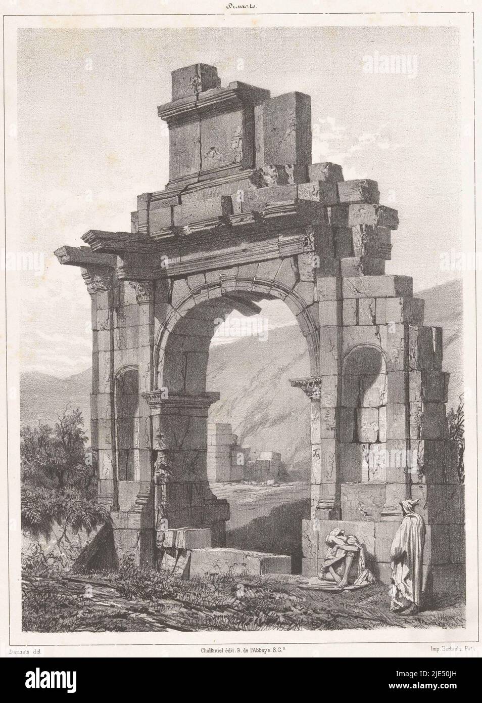 View of the Arc of Caracalla in Djémila L'Arc de Triomphe de Djimilah, print maker: Adrien Dauzats, (mentioned on object), Adrien Dauzats, (mentioned on object), printer: Victor Jacques Bertauts, (mentioned on object), Paris, 1843, paper, h 304 mm × w 225 mm Stock Photo