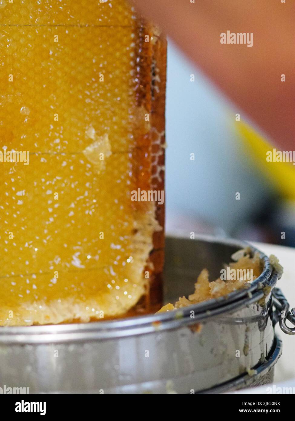 Natural raw honey being filtered ad dripped through a strainer to