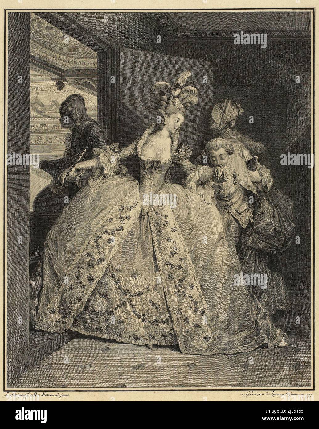 Aristocratic couple in the Opéra in Paris. The young woman wears a 'dressing gown à la française' and has to go through the doorway of the lodge sideways because of her dress with very wide paniers. Her high hairstyle is decorated with feathers. She holds a man's hand and turns to a young man who kisses her other hand as farewell. This series depicts the life of a young lady 'du bon ton' and the French fashion of her time, The Farewell (Les Adieux) Farewell in a theatre lodge Les adieux Costume prints of the end of the eighteenth century (title series) Monument du Costume Physique et Moral de Stock Photo