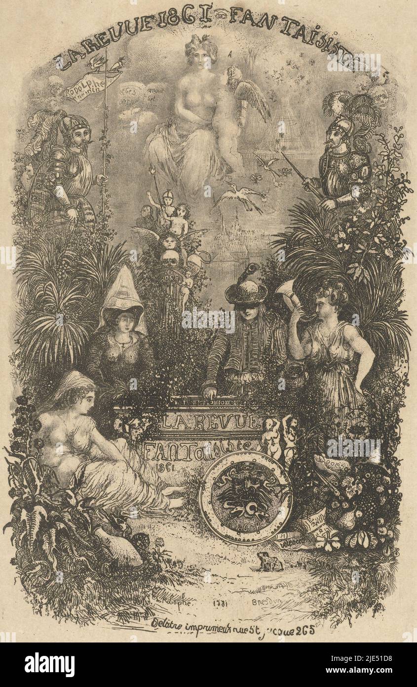 Title print for first edition of literary magazine Revue Fantaisiste with an allegory on the subjects that were central to the publication. At the top, Venus is enthroned with Amor as the personification of Love next to an open book in which a text refers to the love of science and the arts. Venus is depicted as an apparition in heaven and is flanked by two earthly knights. Beneath them, in the middle, is a monument with the title of the publication surrounded by three women and a man. The standing woman on the right is possibly Minerva. She blows a horn and next to her sits an owl. The shield Stock Photo