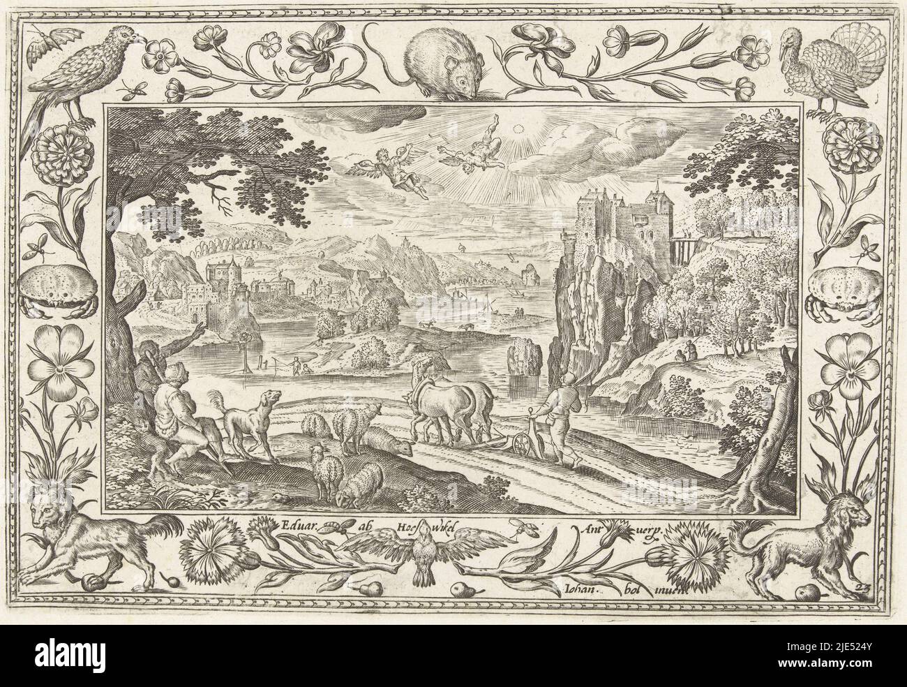 Landscape with field. In the sky Daedalus and Icarus. Icarus flies too high in the sun, the wax of his wings melts and he falls from the sky. In the foreground a farmer looks up from ploughing, while two shepherds look up at the sky and point. The print has an ornamental frame with flowers and animals. He is part of a series of landscapes with biblical, mythological scenes and hunting scenes, Fall of Icarus Landscapes with biblical, mythological scenes and hunting scenes (title series)., print maker: Adriaen Collaert, (mentioned on object), Hans Bol, (mentioned on object), publisher: Eduwart Stock Photo