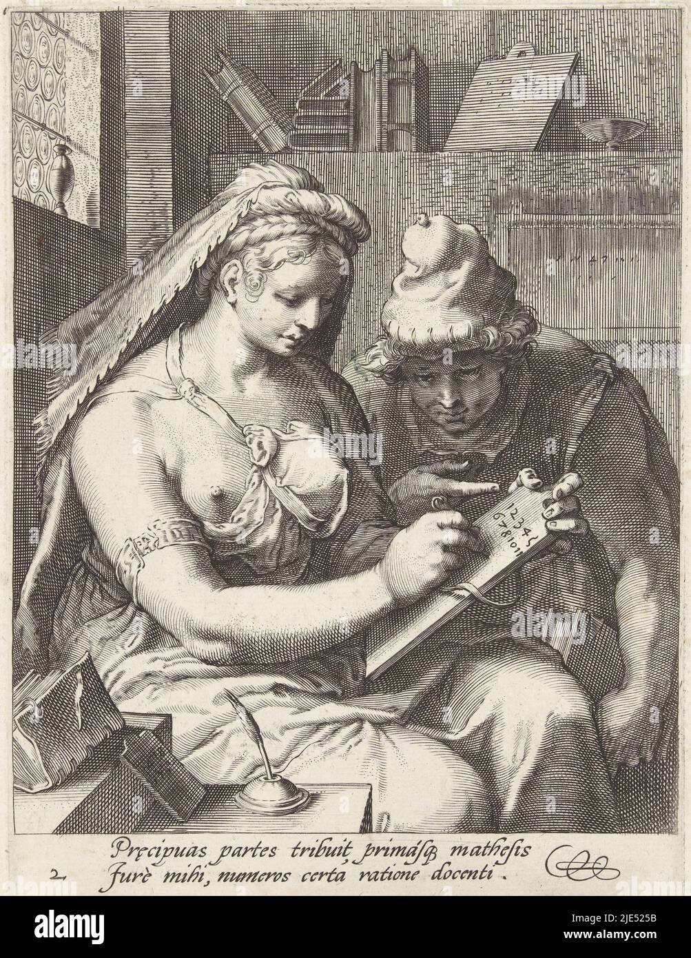 Arithmetic writes the numbers from 1-11 on a reading board. A pupil, with a hat and book in his hand, is watching her. On the table and on the wall on a shelf are books and writing tables. With a Latin caption by C. Schonaeus, Arithmetic (Arithmetic) The Seven Free Arts (series title)., print maker: Cornelis Jacobsz. Drebbel, Hendrick Goltzius, Cornelius Schonaeus, print maker: Netherlands, Haarlem, 1587 - 1605, paper, engraving, h 178 mm × w 132 mm Stock Photo