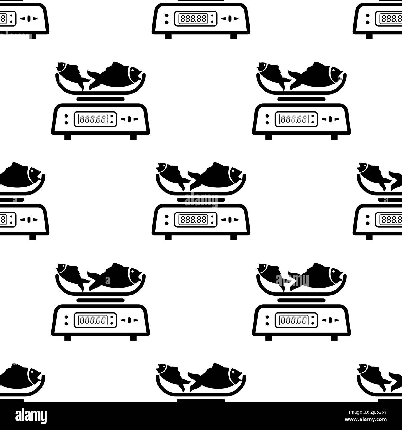Fish On Weighing Scale Icon Seamless Pattern, Fish Weight Measuring