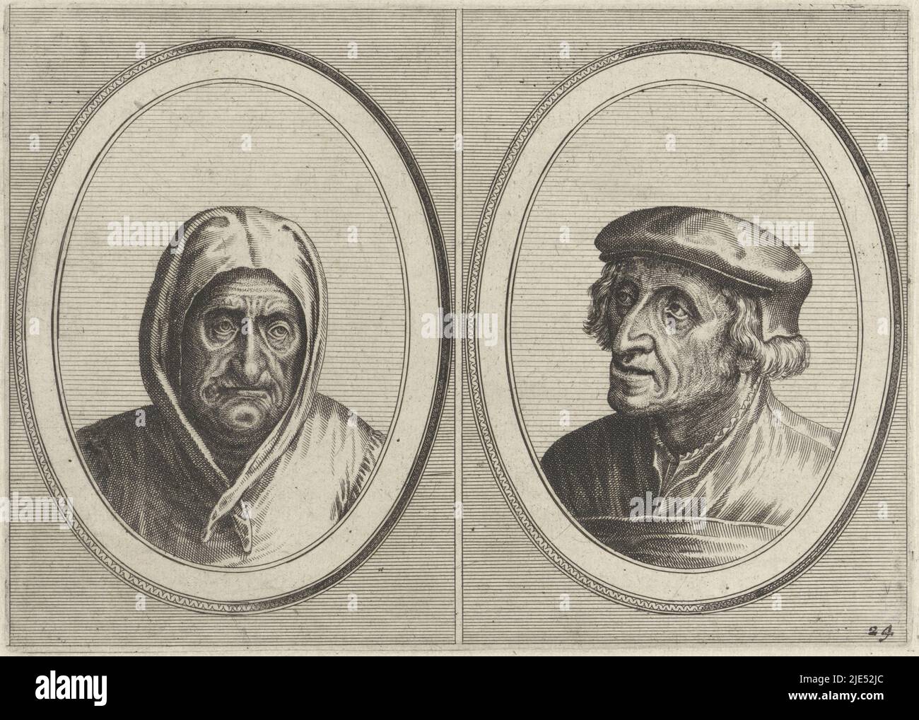 Print from a series of 36 prints with heads of farmers and farmer's wives, Aecht Sonder-Ziel and Heertje Al-te-mooy Boerenkoppen (title series), print maker: Johannes of Lucas van Doetechum, (possibly), Pieter Bruegel (I), publisher: Claes Jansz. Visscher (II), Amsterdam, 1612 - 1652, paper, etching, engraving, h 133 mm × w 187 mm Stock Photo