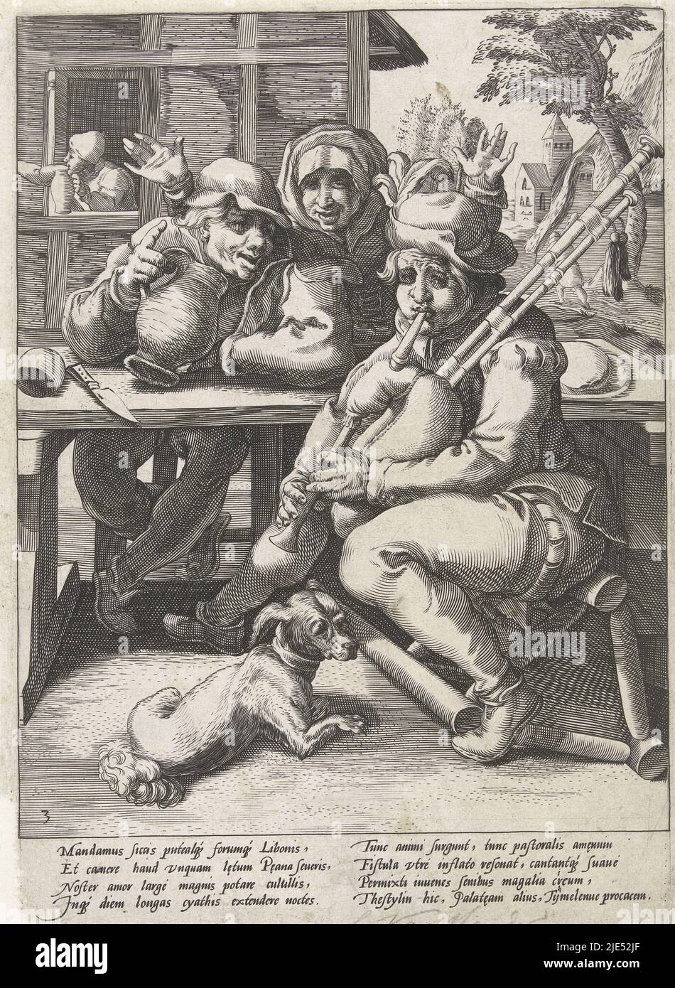 A bagpipe player and a drunkard sit together at the table. Behind the table is a woman with her hands raised. The bagpiper sits on a fallen chair, next to him sits a little dog. Below the performance an explanatory Latin verse by Franco Estius and a Dutch verse, The bagpipe gives no sound, than when it is full The drinker and the bagpipe player Proverbs after Karel van Mander (series title)., print maker: Hendrick Goltzius, (attributed to workshop of), Karel van Mander (I), Franco Estius, Haarlem, 1590 - 1594, paper, engraving, letterpress printing, h 265 mm × w 185 mm Stock Photo