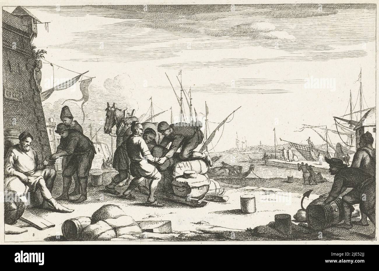 Port with on the left three merchants, on the right three merchants loaded a tractor behind a horse. On the right two merchants, one with barrels and sailing ships in the background. Eighth print from a series of twelve with Italian harbours, Harbour with merchants at tractor unit Italian harbours (series title) Aliqui Portus (series title), print maker: Johannes Gronsveld, Johannes Lingelbach, Amsterdam, 1679 - 1728, etching, engraving, h 153 mm × w 237 mm Stock Photo