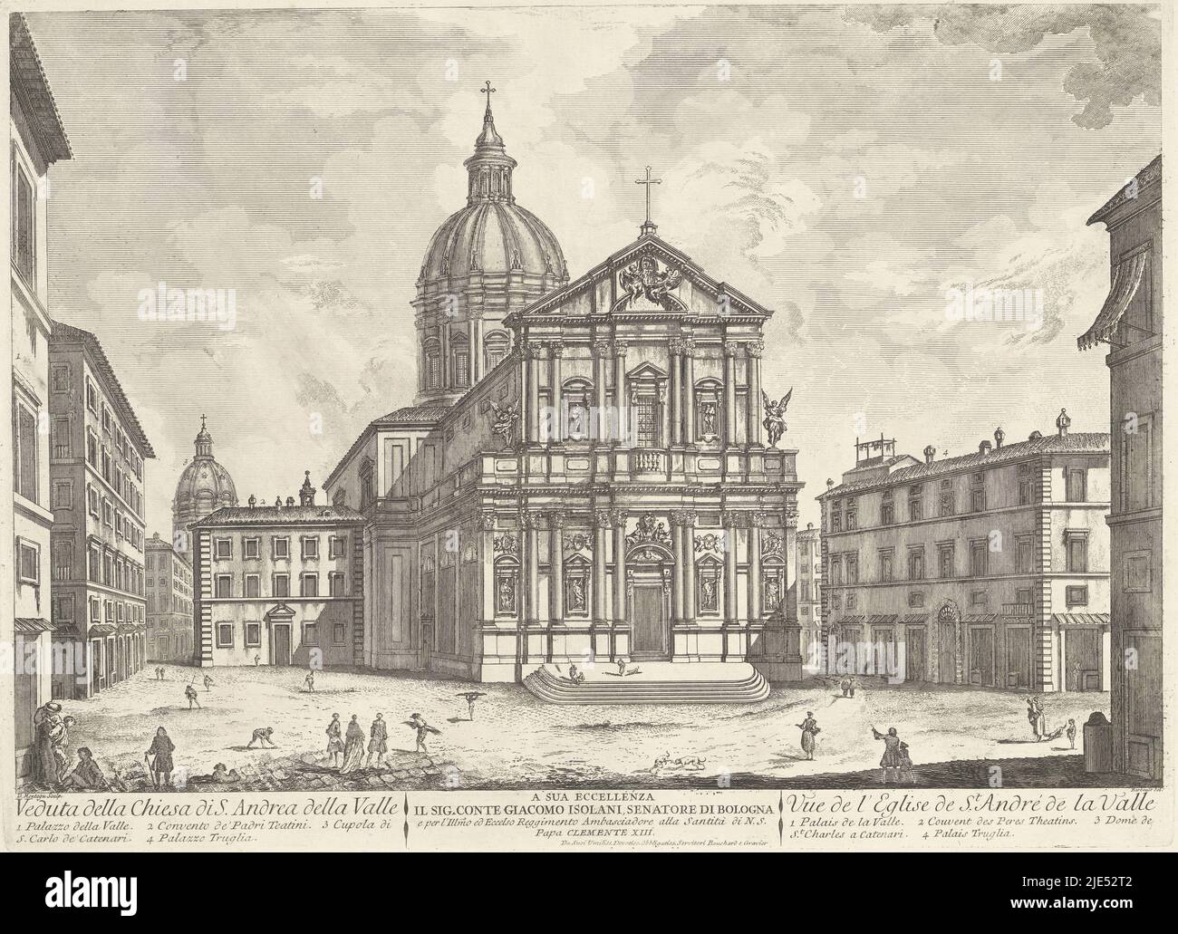 View of the San Andrea della Valle in Rome. Titles and explanatory lists with numbers in French and Italian and an assignment in the lower margin, San Andrea della Valle in Rome Veduta della Chiesa di S. Andrea della Valle / Vue de l'Eglise de St. André de la Valle., print maker: Domenico Montaigù, (mentioned on object), intermediary draughtsman: Jean Barbault, (mentioned on object), J. Bouchard & J.J. Gravier, (mentioned on object), Italy, c. 1750 - c. 1799, paper, etching, h 389 mm × w 532 mm Stock Photo