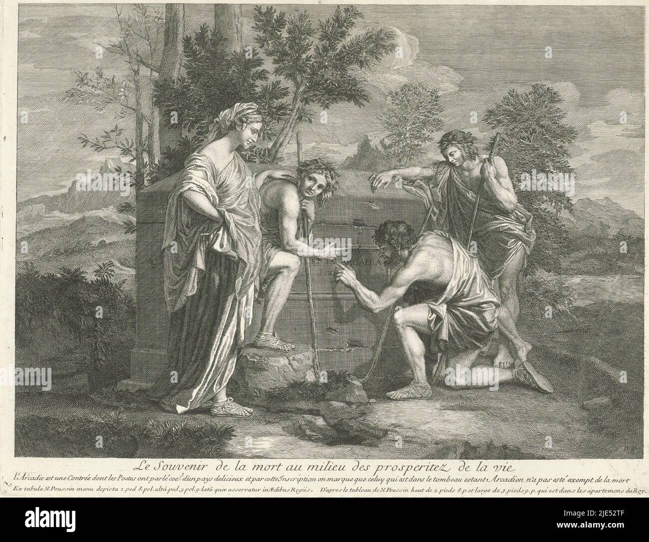 Landscape with three shepherds and a woman. They discover an ancient sarcophagus with an inscription in Latin: 'Et in Arcadia ego'. In the margin a caption in French. Landscape with shepherds near an ancient sarcophagus: The Souvenir of the Mortality in the Environment of the Prosperity of Life., print maker: Bernard Picart, (mentioned on object), after: Nicolas Poussin, (mentioned on object), Paris, 1694, paper, etching, engraving, h 260 mm × w 387 mm Stock Photo