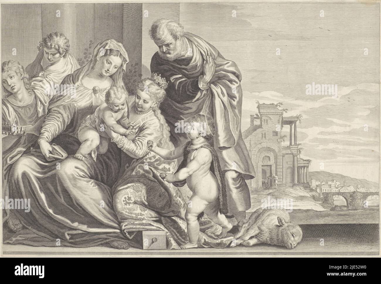 The Christ Child sits on Mary's lap and Joseph watches. Saint Catherine embraces the Christ Child. The young John the Baptist hands out a ring for the mystical marriage between Christ and Saint Catherine. On the far left two musicians. In the background a city by a river, Mystical marriage of Saint Catherine Caelaturae (series title)., print maker: Theodor Matham, after: Paolo Veronese, print maker: Amsterdam, after: Italy, 1646 - 1658, paper, engraving, h 275 mm × w 409 mm Stock Photo