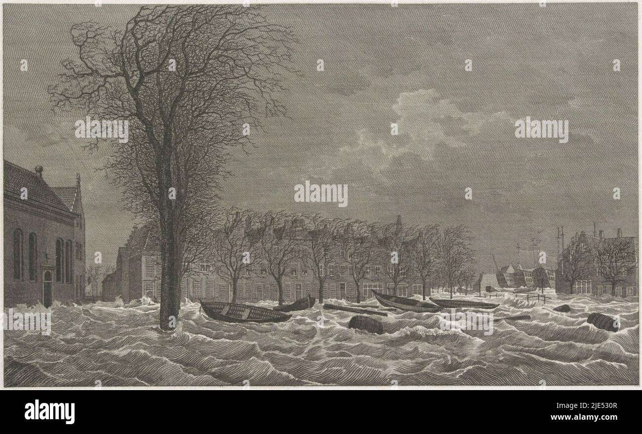 Flooding at the Kerkstraat, Steen Beer en Dok in Vlissingen. Illustration for a publication about the flood in Zeeland on 14-15 January 1808, Flood near the Kerkstraat, Steen Beer and Dok in Vlissingen, 1808., print maker: Izaak Jansz. de Wit, print maker: Joannes Pieter Visser Bender, intermediary draughtsman: Johannes Hermanus Koekkoek, Netherlands, 1808 - 1810, paper, etching, engraving, h 226 mm × w 335 mm Stock Photo