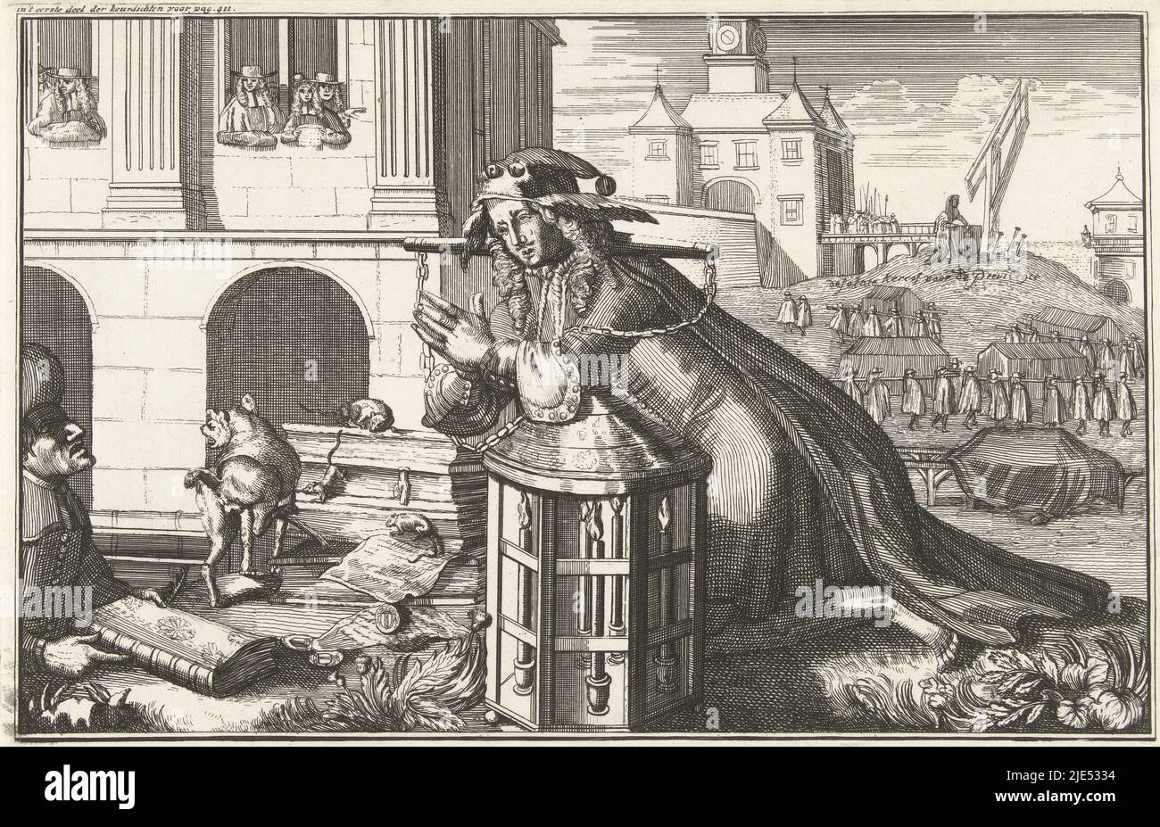 Groothans and the Privilege finder. Cartoon on the regents of Amsterdam, 1690. The Privilege seeker (the bourgeoisie of Amsterdam) kneels begging and crying with a yoke on his shoulders near a large lanto (with which he seeks privileges), on the left a regent hands him a book. On the left a pile of privileges (of Amsterdam) that rats gnaw at and against which a dog pees. In the background on the right a funeral procession in the cemetery indicated as: desolate cercof for Previlegia. Marked top left: in 't eerste deel der keurdichten voor pag. 411., Groothans en de Privilege-zoeker, 1690 Stock Photo