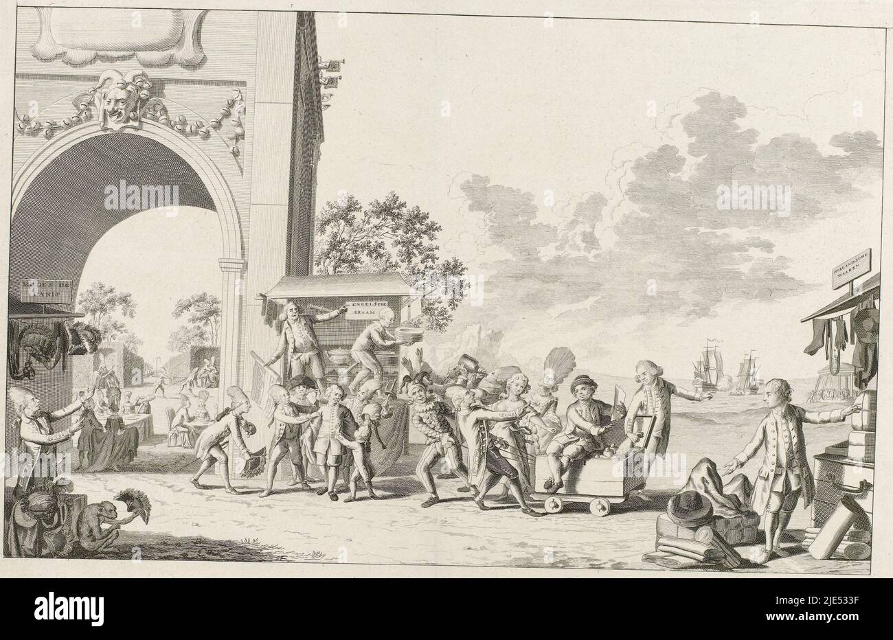 Cartoon on the English-speaking, wavering and entertaining spirit of young Holland, 1780. A young rich Dutchman sitting on a money box rejects the stall with the Dutch wares and allows himself to be driven to the English stall and the French stall with the Modes de Paris. See also the counterpart. The print is accompanied by a separately printed explanation (missing here), Cartoon on the English minded young Holland, 1780., print maker: anonymous, Northern Netherlands, 1780, paper, etching, engraving, h 253 mm × w 380 mm Stock Photo