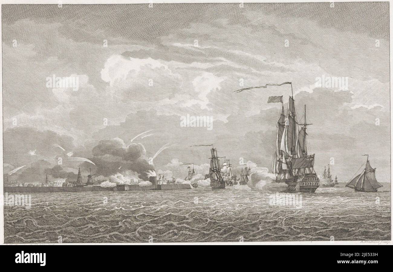 The town of Vlissingen is shot at from the sea by British ships, 13 August 1809. See also the counterpart, Bombardment of Vlissingen, 1809., print maker: Reinier Vinkeles (I), (mentioned on object), intermediary draughtsman: Johannes Hermanus Koekkoek, (mentioned on object), print maker: Netherlands, intermediary draughtsman: Flushing, 1809 - 1810, paper, etching, engraving, h 236 mm × w 307 mm Stock Photo
