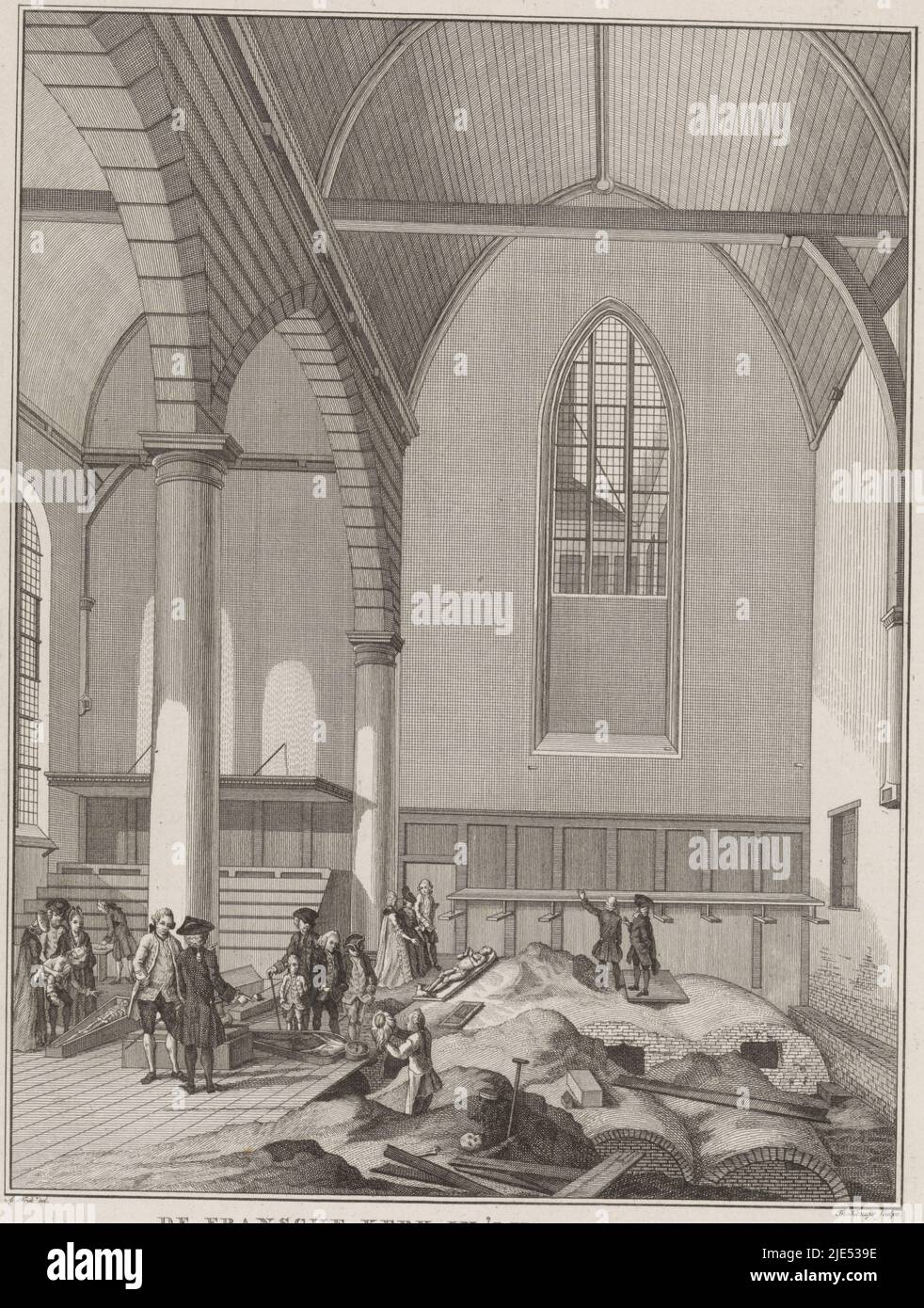 Church interior with the discovery of several tombstones with corpses during the excavations in the French Church or Hofkapel in The Hague, March 1770, Excavations in the French Church in The Hague, 1770 The French Church in 's Hage, inside, With the discovery of several Sepulchres, Lyken and other overblyphers, by the decomposition of the Foundations., print maker: Theodoor Koning, (mentioned on object), intermediary draughtsman: A. Frek, (mentioned on object), Northern Netherlands, 1770, paper, etching, engraving, h 277 mm × w 214 mm Stock Photo