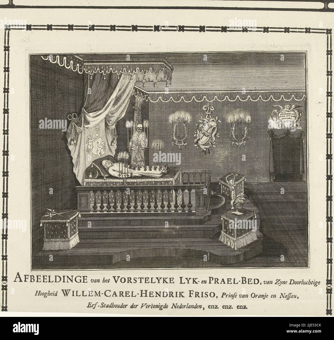 Funeral parlor with the float of Prince William IV, who passed away on 22 October and on which he lay down during the months November and December of the year 1751. With black mourning rims around the plate, cut off at the bottom so that it is fresh and the lower mourning rim is missing, Funeral Bed of Prince William IV, 1751 Picture of the Vorstelyke Lyk- en Prael-Bed, of Zyne August Highness Willem-Carel-Hendrik Friso, Prince of Orange and Nassau (...)., print maker: anonymous, Northern Netherlands, 1751, paper, etching, engraving, letterpress printing, h 387 mm × w 500 mm Stock Photo