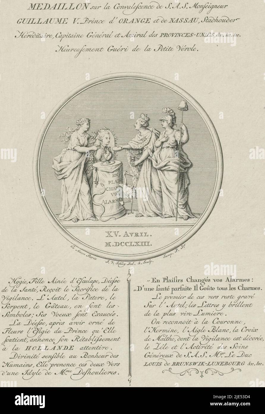 Allegoric medallion commemorating the recovery of Stadholder William V after a brief illness, April 15, 1763. Vigilance and the Dutch Virgin at an altar with a portrait of the prince begging Hygieia to cure the prince. Below the scene a caption in two columns in French, Medaillon on the recovery of William V after illness, 1763 Medaillon sur la Convalescence de S.A.S. Monsignor Guillaume V. Prince d'Orange (...) Heureusement Guéri de la Petite Vérole, print maker: Jacob van der Schley, (mentioned on object), intermediary draughtsman: Jacob van der Schley, (mentioned on object), Northern Stock Photo