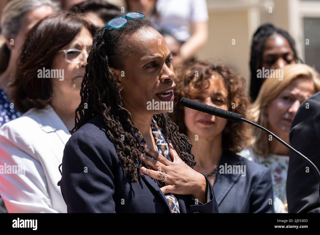 New York, NY - June 24, 2022: Deputy Mayor for Health and Human Services Anne Williams-Isom speaks as Mayor Eric Adams and city employees gathered on steps of City Hall on the U.S. Supreme Court decision overturning Roe vs. Wade effectively banning abortions in the US Stock Photo