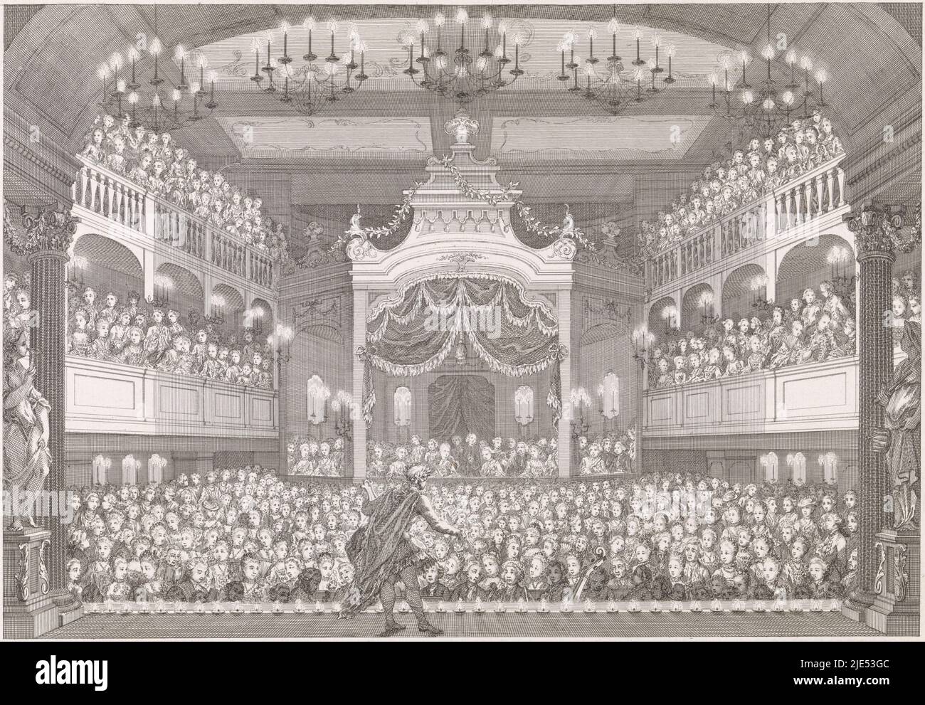 Stadholder William V and Princess Wilhelmina of Prussia attend a theatrical performance in the royal lodge in the new Amsterdam Theatre on Keizersgracht, 1 June 1768. Part of a print series with title print and 14 plates of the inauguration of the prince and princess in Amsterdam, 30 May - 4 June 1768., Princely Lodge in the Amsterdamse Schouwburg for the princely couple, 1768 Image of the Joyful Bedfellows and Pleiades that took place on arrival and during the verblyf (. ...) Willem (...) and zyne Gemaalinne (...) occurred in Amsterdam, on Monday, the 30th of May, and a few days later, in the Stock Photo