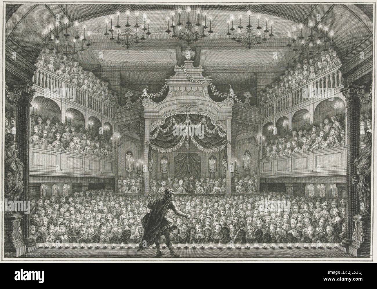 Stadholder William V and Princess Wilhelmina of Prussia attend a theatrical performance in the royal lodge in the new Amsterdam Theatre on Keizersgracht, 1 June 1768. Part of a print series with title print and 14 plates of the inauguration of the prince and princess in Amsterdam, 30 May - 4 June 1768., Princely Lodge in the Amsterdamse Schouwburg for the princely couple, 1768 Image of the Joyful Bedfellows and Pleiades that took place on arrival and during the verblyf (. ...) Willem (...) and zyne Gemaalinne (...) occurred in Amsterdam, on Monday, the 30th of May, and a few days later, in the Stock Photo