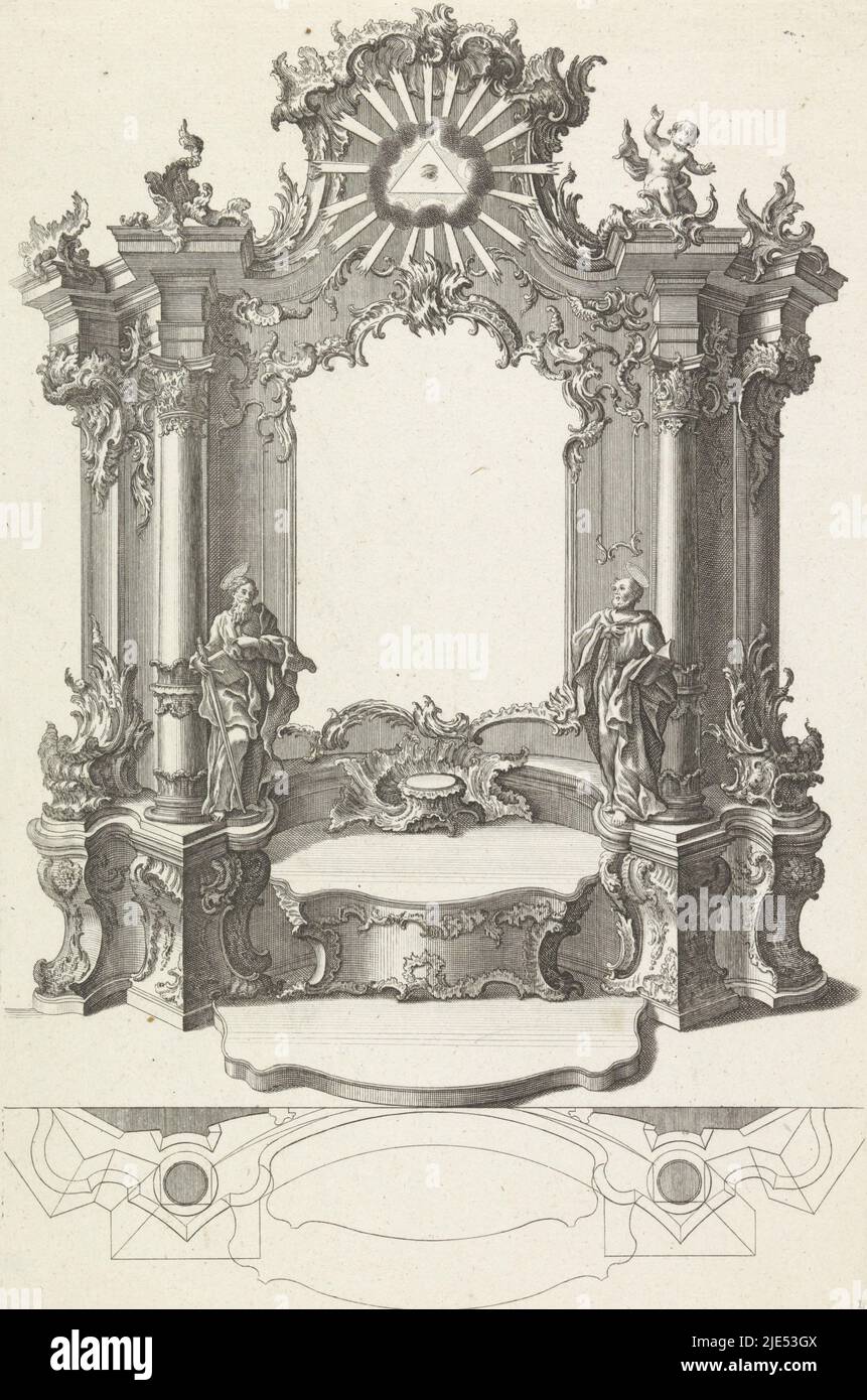 Design and plan of altar with rocaille ornaments. Left and right Paul with sword and book and Peter with key. At the top of the all-seeing eye surrounded by rays. Publisher number 49., Altar with Peter and Paul Designs for altars (series title), print maker: anonymous, intermediary draughtsman: Franz Xaver Habermann, (mentioned on object), publisher: Johann Georg Hertel (I), (mentioned on object), Augsburg, 1740 - 1745, paper, engraving, h 329 mm × w 214 mm Stock Photo