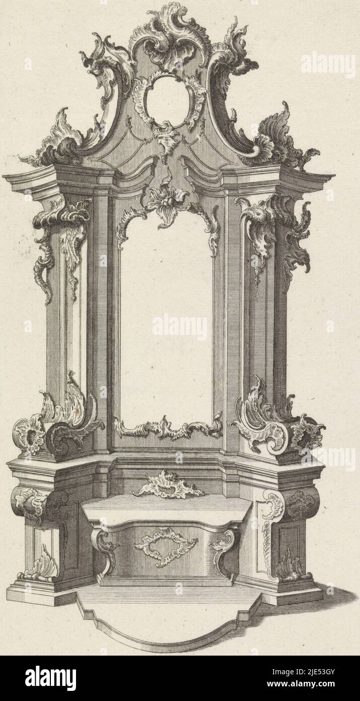 Design and plan of altar with rocaille ornaments. Publisher number 49., Altar designs for altars (series title), print maker: anonymous, intermediary draughtsman: Franz Xaver Habermann, (mentioned on object), publisher: Johann Georg Hertel (I), (mentioned on object), Augsburg, 1740 - 1745, paper, engraving, h 330 mm × w 215 mm Stock Photo