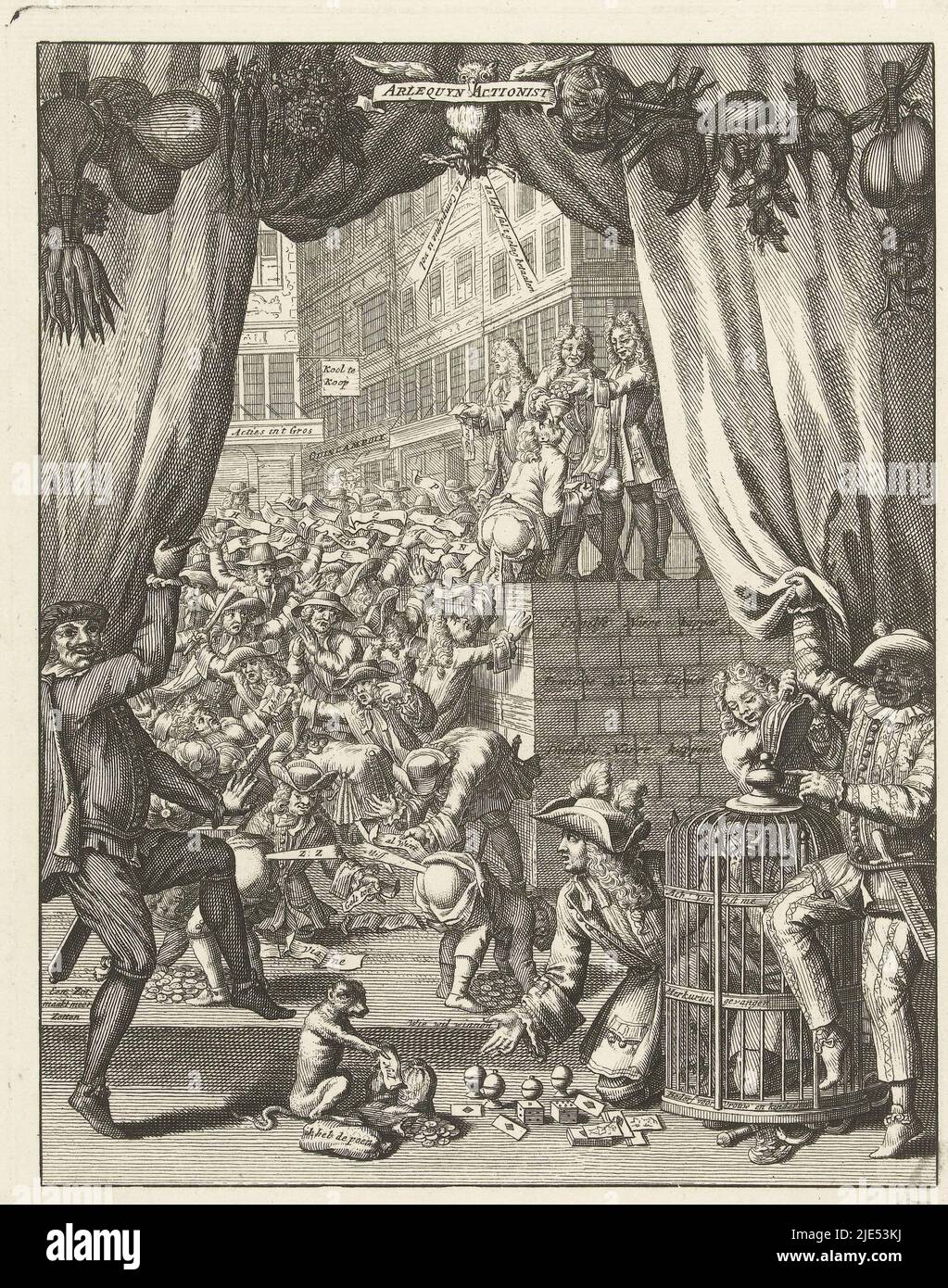 Cartoon on the actionists. The harlequin Bombario and a fool lift a curtain revealing the action trade at the coffee house Quincampoix, where a large crowd of action merchants crowd around the actions shouted out from a stage. In the foreground Mercury trapped in a cage. Also used as a title plate in the eponymous comedy by Pieter Langendijk from 1720. Print 12 in the series Het Groote Tafereel der Dwaasheid with cartoons on the Windhandel of Actionhandel of 1720, Harlequin Actionist, 1720 Arlequyn Actionist, Het Groote Tafereel der Dwaasheid (title series)., print maker: anonymous, Northern Stock Photo