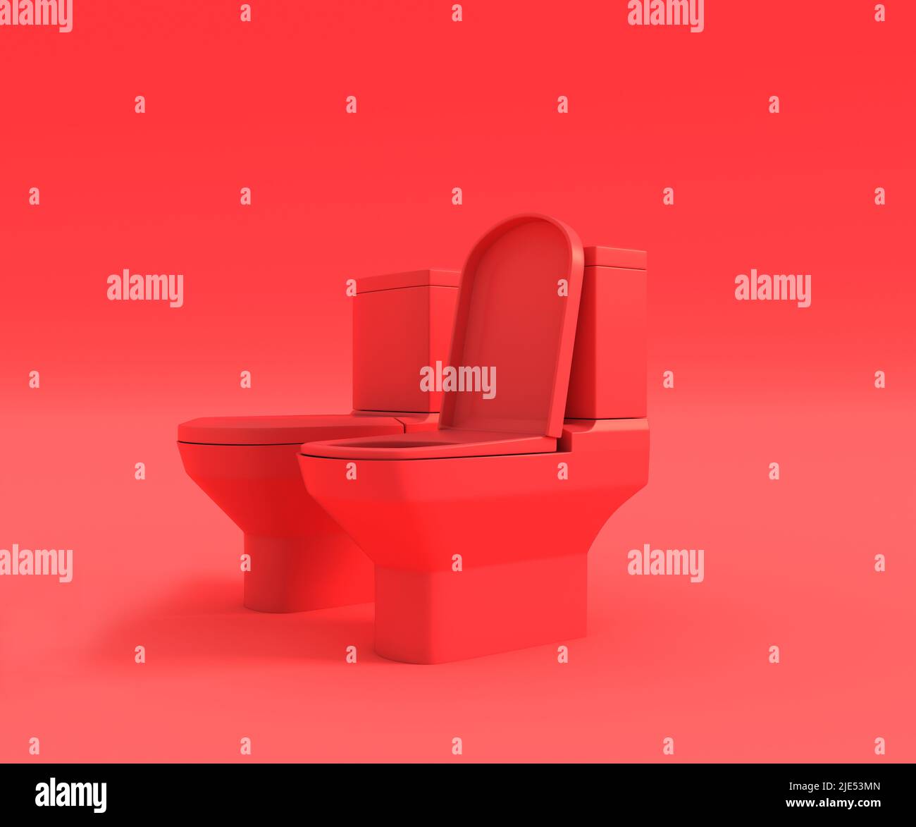 Red toilet bowl isolated on red background, 3D rendering. Stock Photo