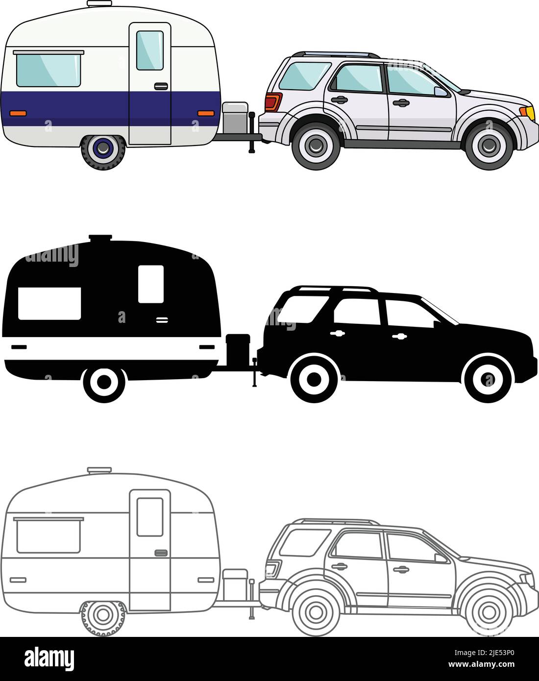Different kind car and travel trailers isolated on white background in flat style: colored, black silhouette, contour. Vector illustration. Stock Vector
